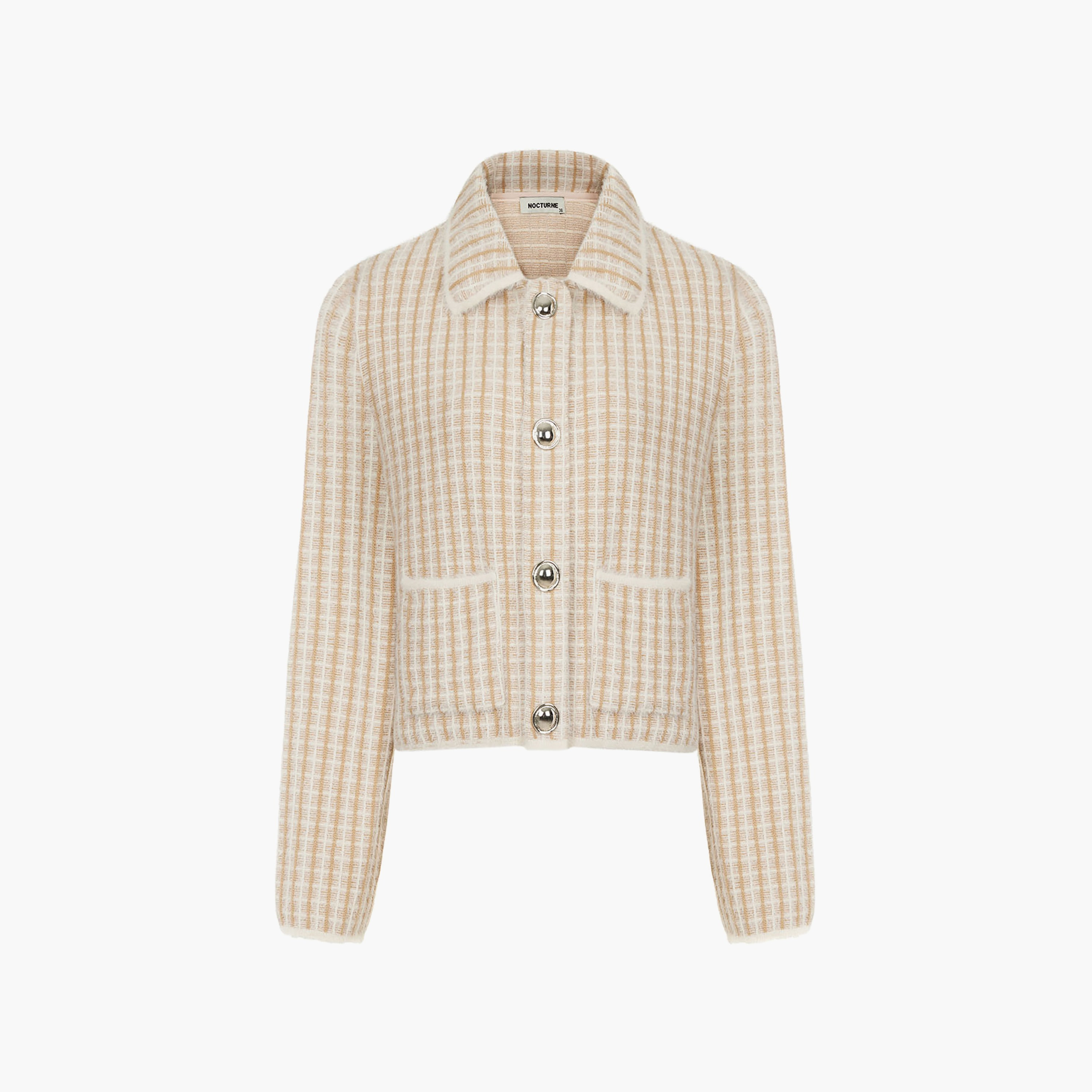 Nocturne Checked Collared Beige Women's Cardigan-women-winterwear-cardigansandjumpers-cardigans-image-4