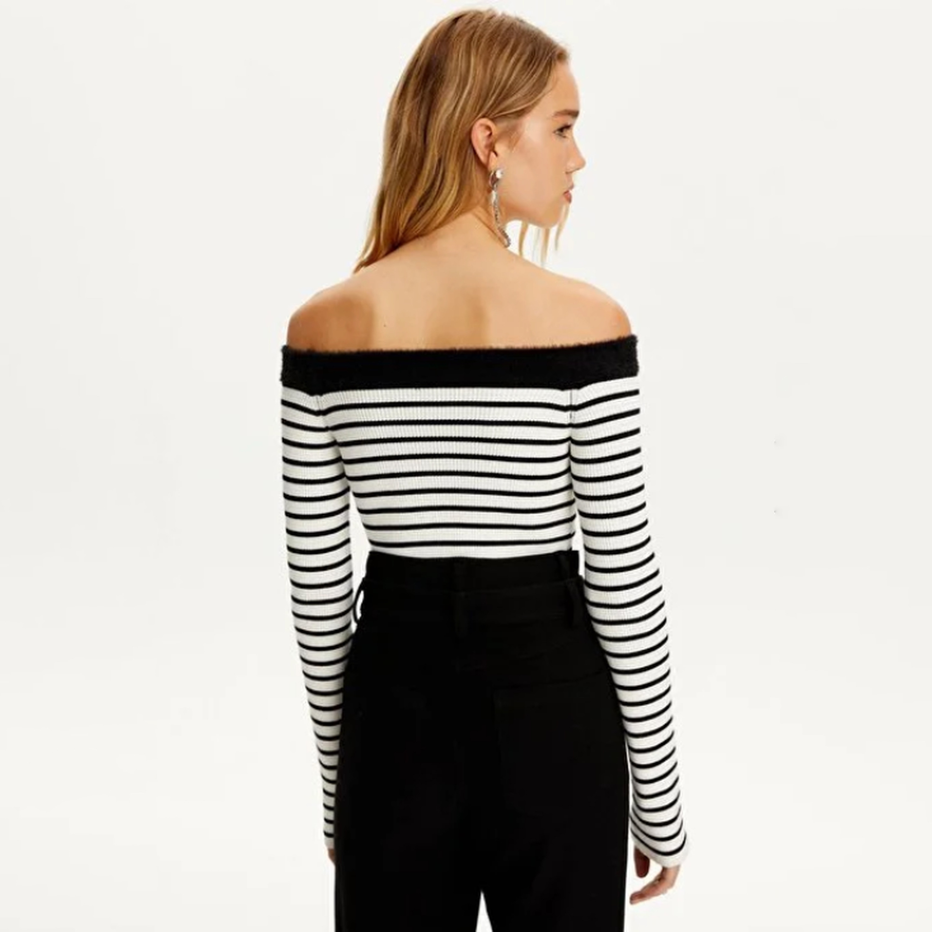 Nocturne Stripes Off-shoulder White Women's Sweater-women-clothing-cardigansandjumpers-jumpers-image-2