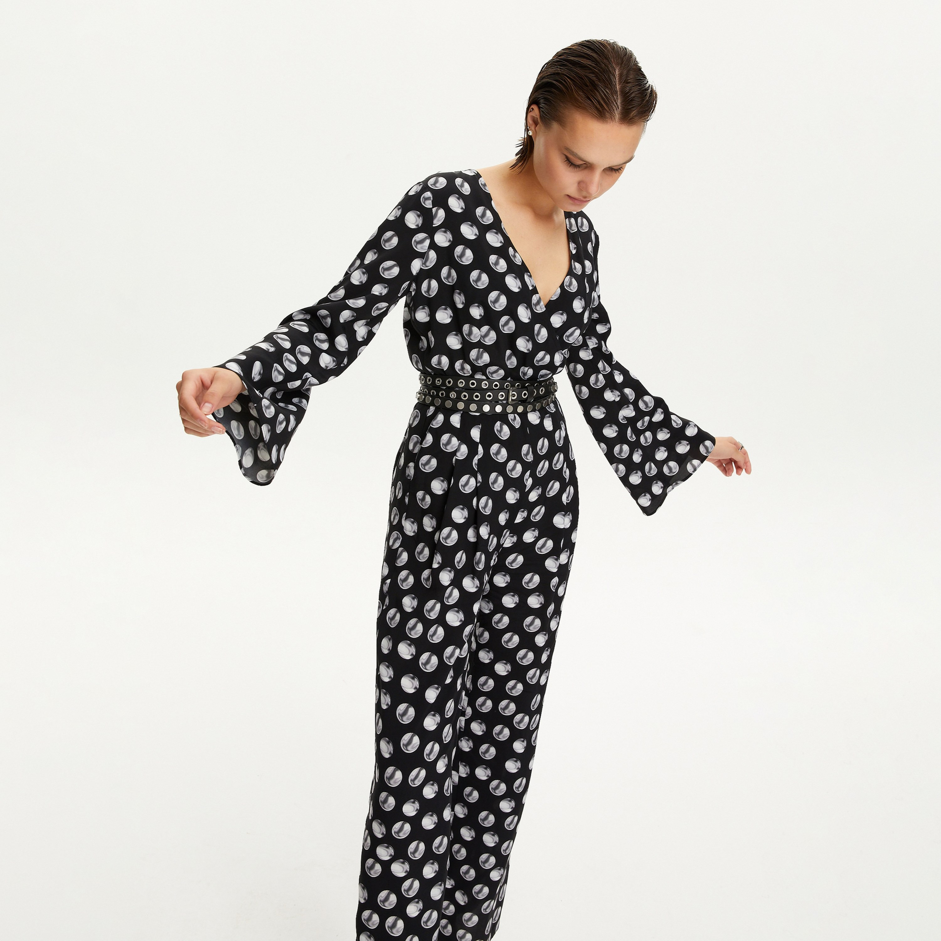 Nocturne Polka Dot Flared Sleeves Black Women's Jumpsuit-women-clothing-jumpsuits-image-2