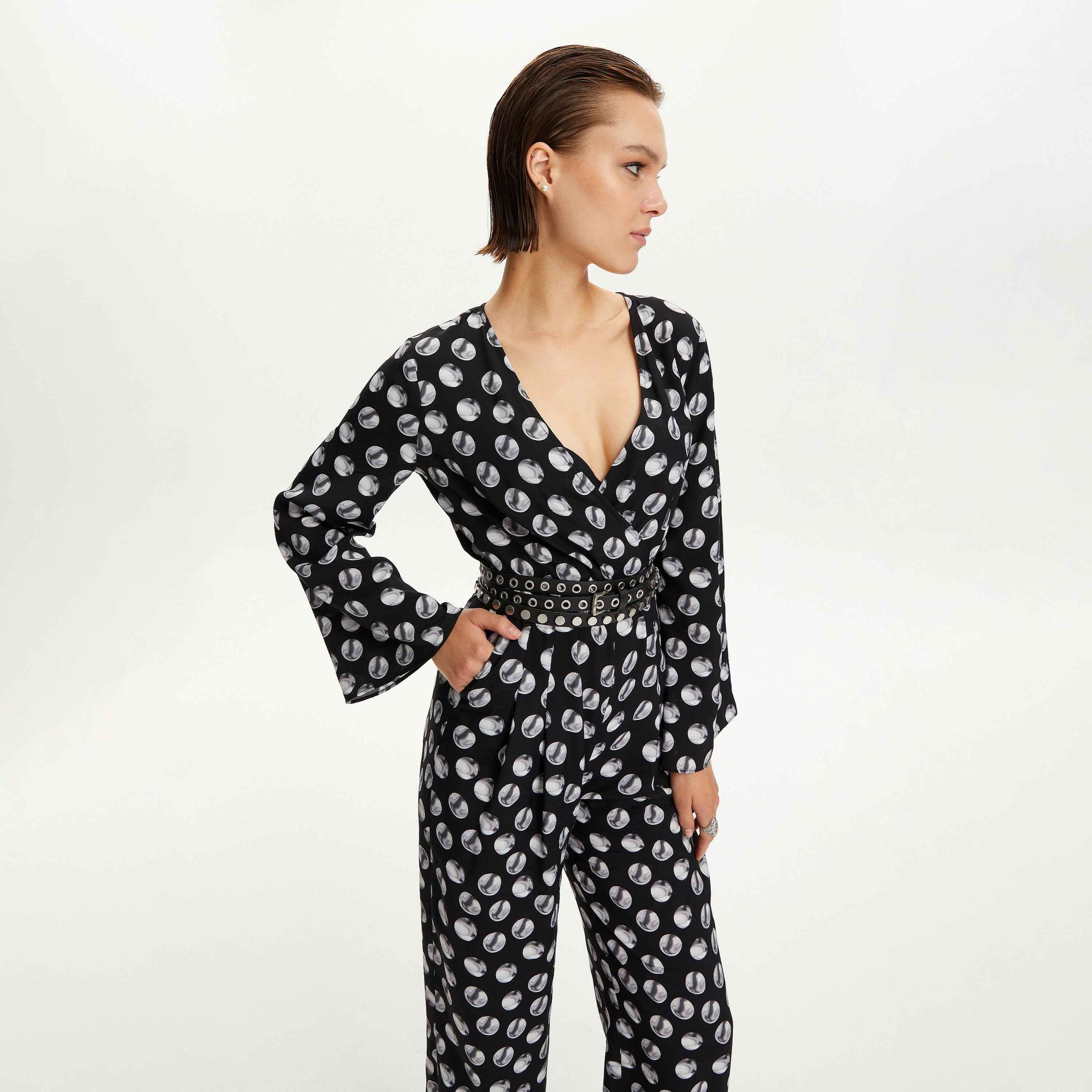 Nocturne Polka Dot Flared Sleeves Black Women's Jumpsuit-women-clothing-jumpsuits-image-5