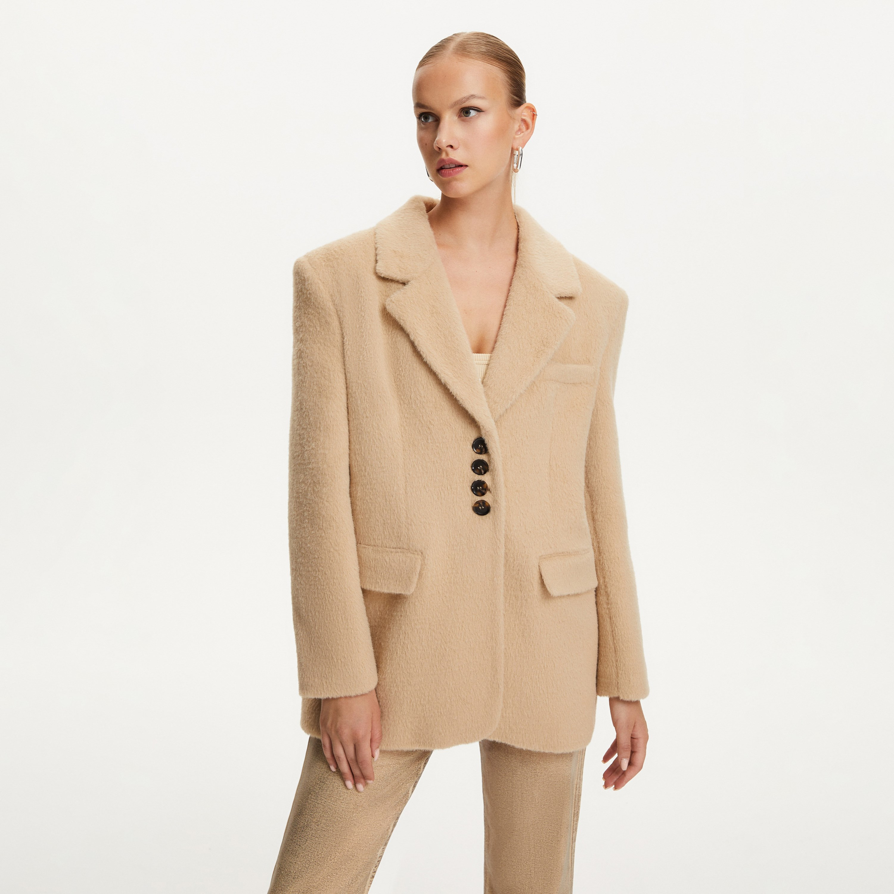Nocturne Fleece Notch Collar Beige Women's Blazer-women-clothing-coatsandjackets-blazers-image-1
