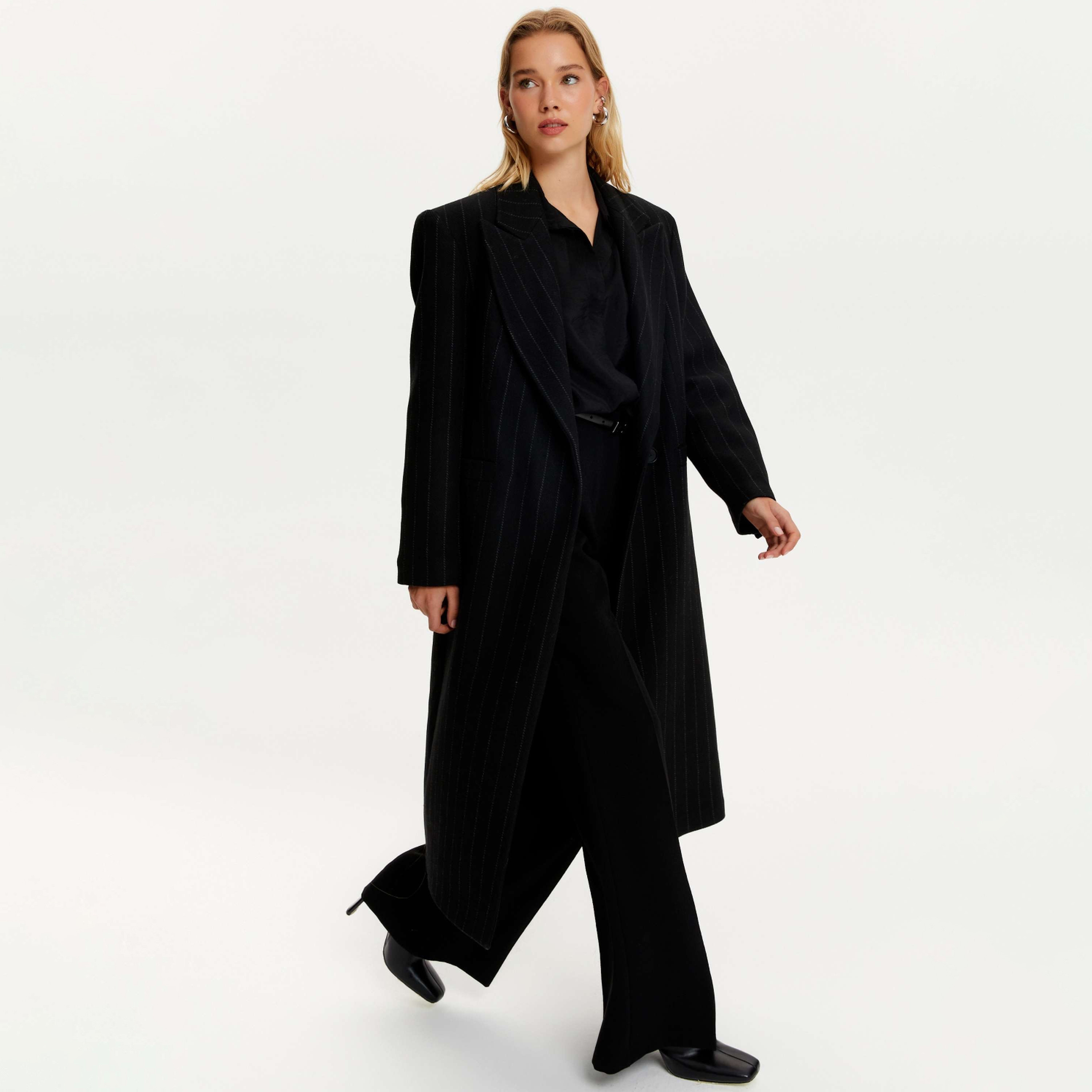 Nocturne Stripes Peak Lapel Collar Black Women's Overcoat-women-clothing-coatsandjackets-coats-image-1