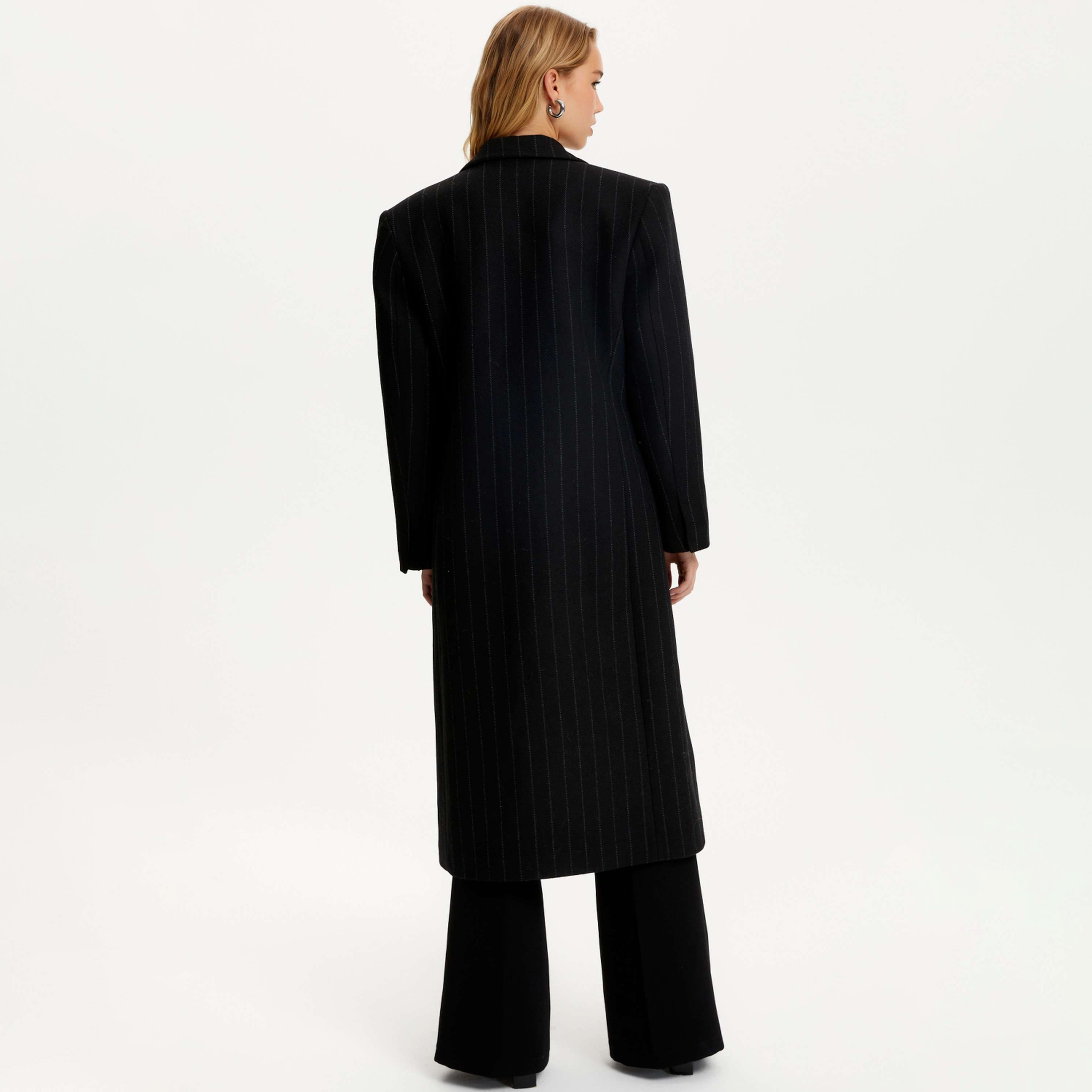Nocturne Stripes Peak Lapel Collar Black Women's Overcoat-women-clothing-coatsandjackets-coats-image-2