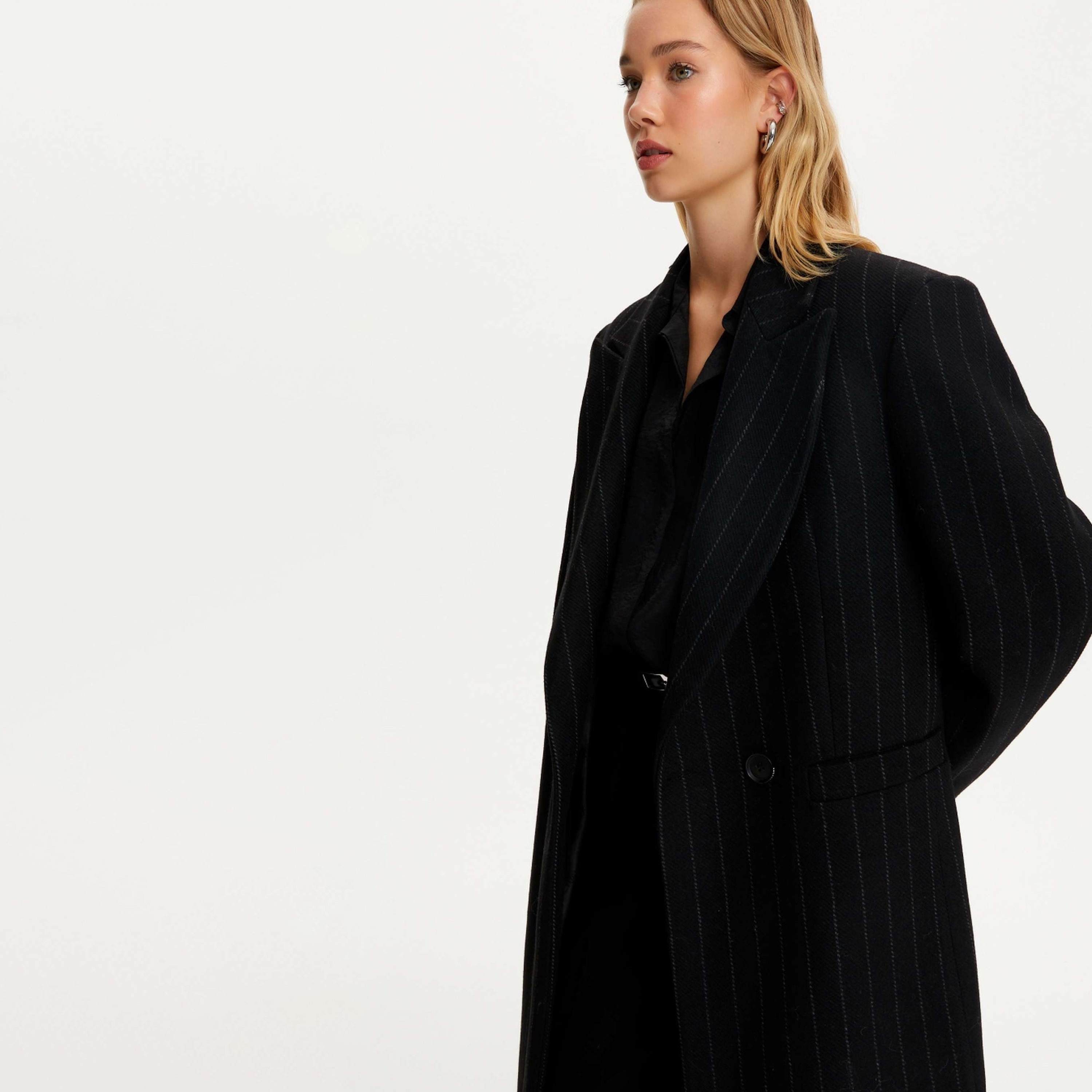Nocturne Stripes Peak Lapel Collar Black Women's Overcoat-women-clothing-coatsandjackets-coats-image-3