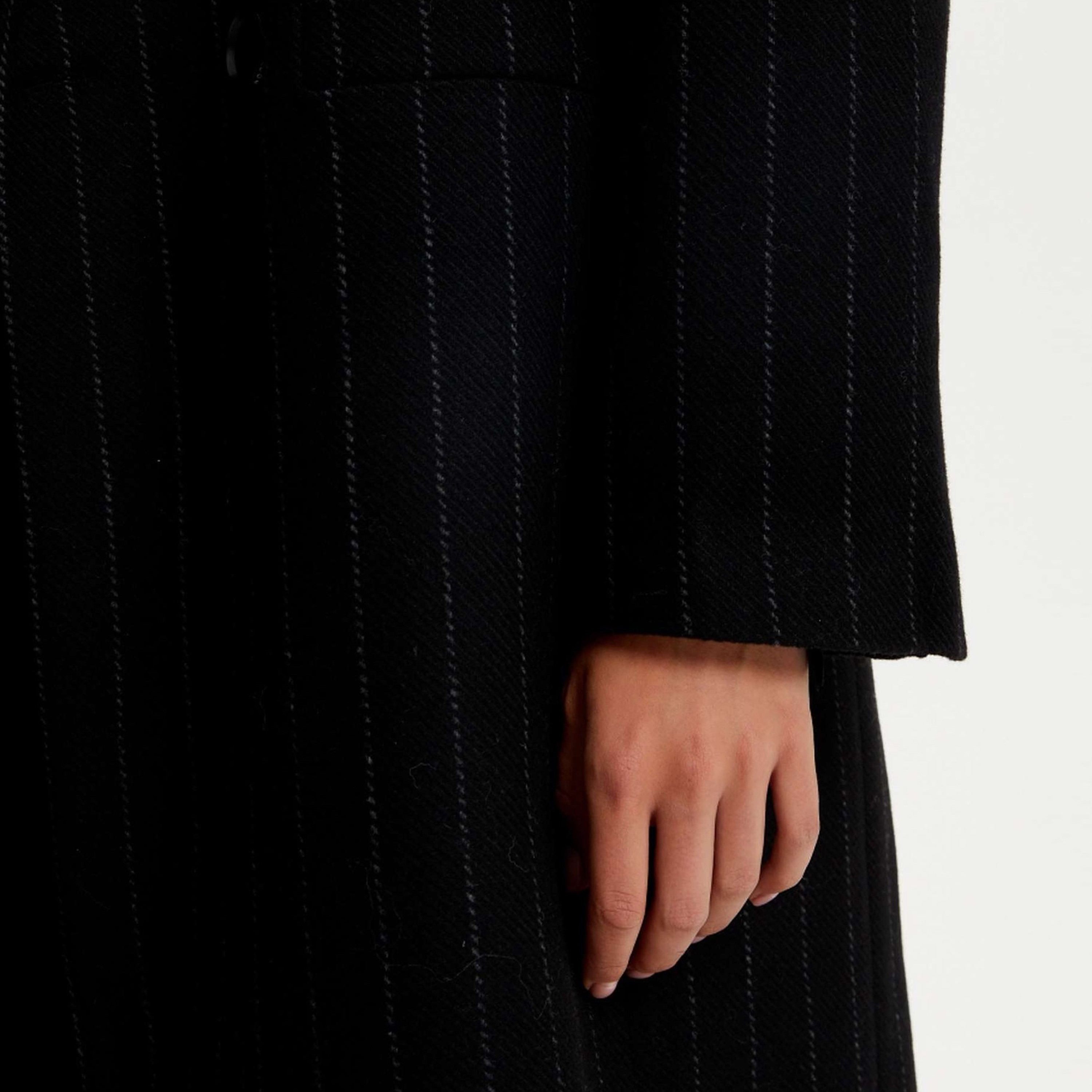 Nocturne Stripes Peak Lapel Collar Black Women's Overcoat-women-clothing-coatsandjackets-coats-image-4