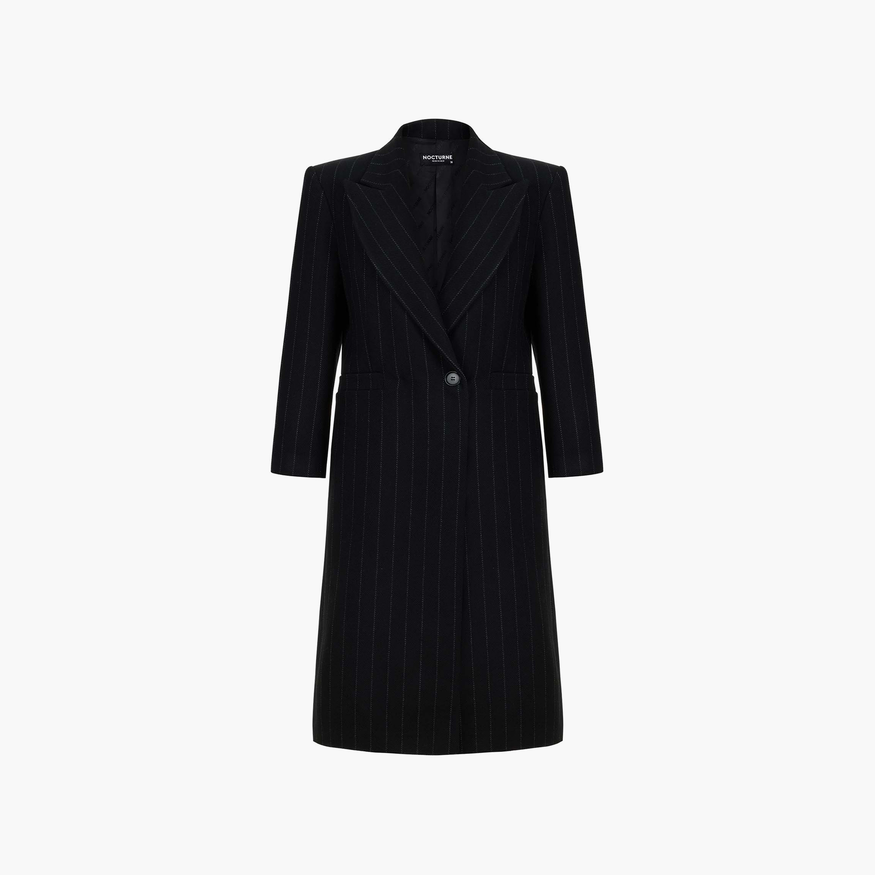 Nocturne Stripes Peak Lapel Collar Black Women's Overcoat-women-clothing-coatsandjackets-coats-image-5