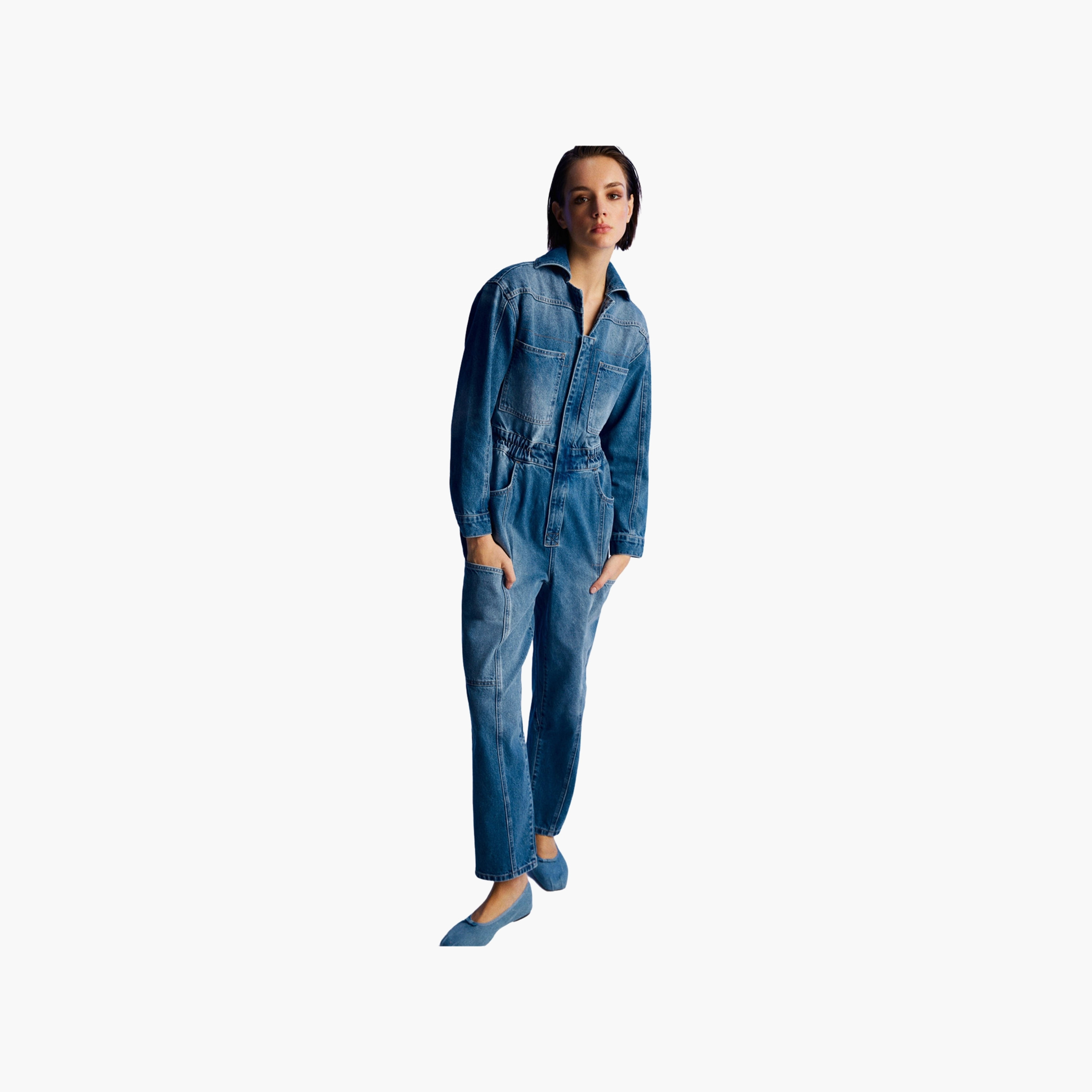 Nocturne Washed Spread Collar Cuffed Sleeves Blue Women's Jumpsuit-women-clothing-jumpsuits-image-1