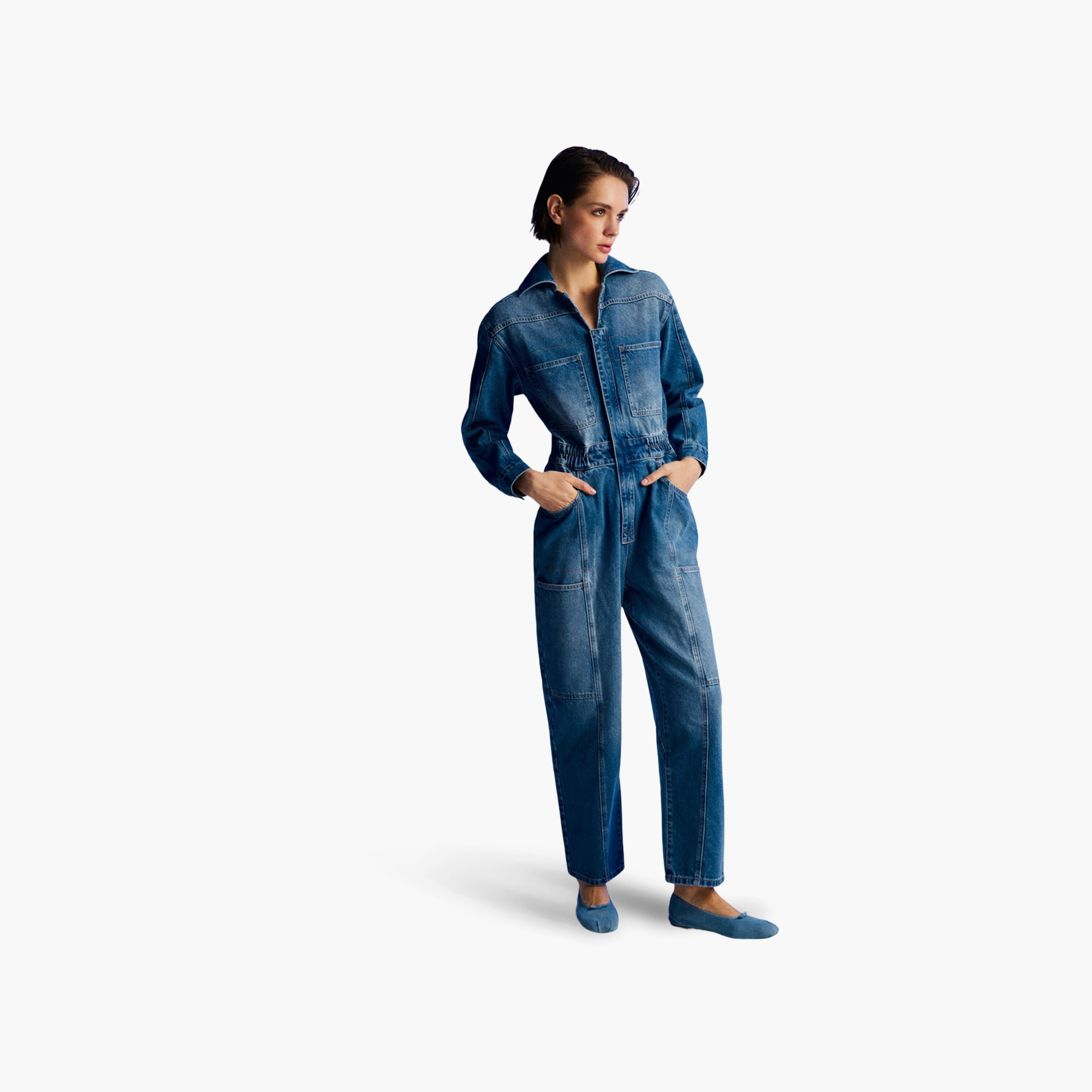Nocturne Washed Spread Collar Cuffed Sleeves Blue Women's Jumpsuit-women-clothing-jumpsuits-image-2