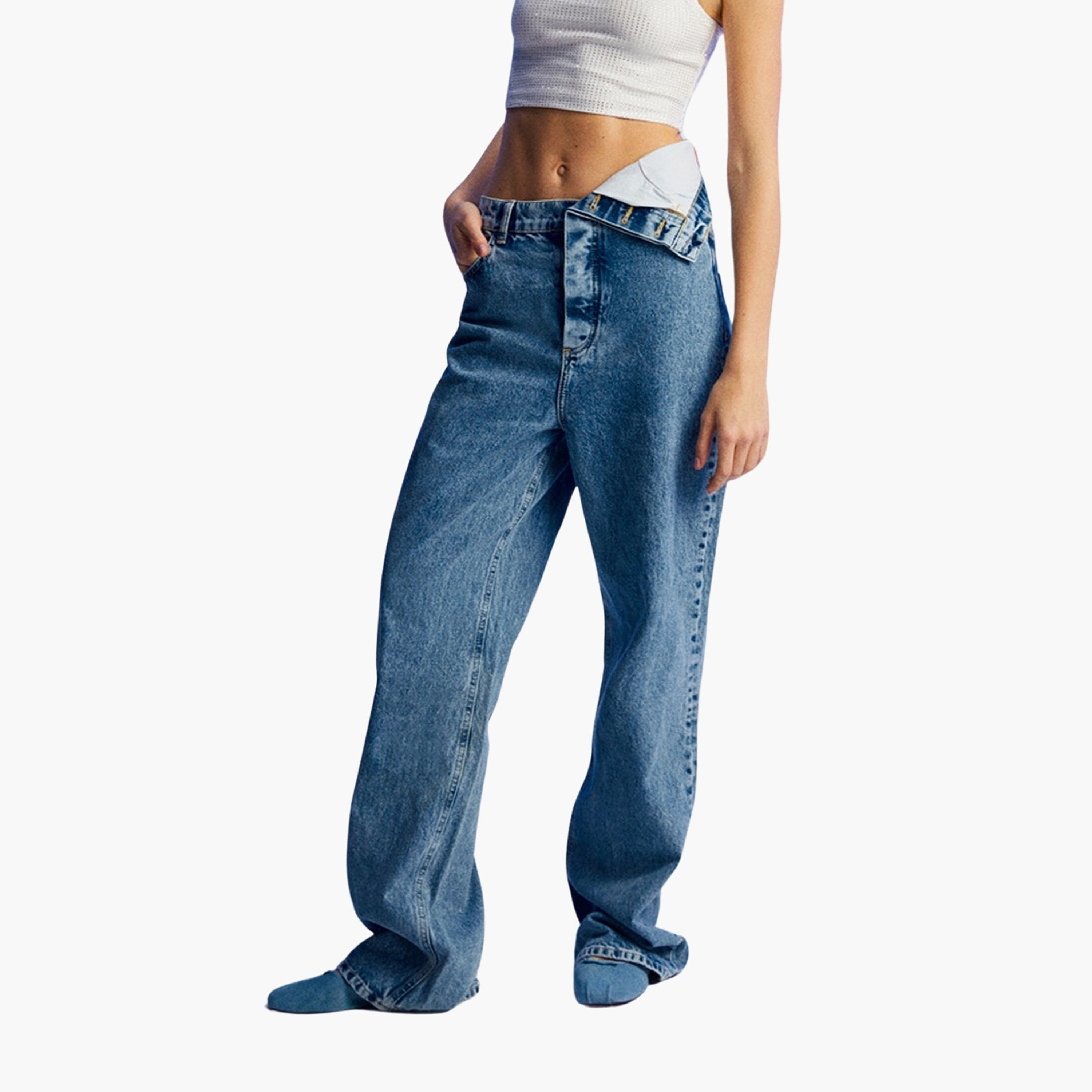 بنطلون جينز نسائي واسع الساق بوسط مطوي باللون الأزرق من نوكتيرن-women-clothing-bottoms-jeans-image-1