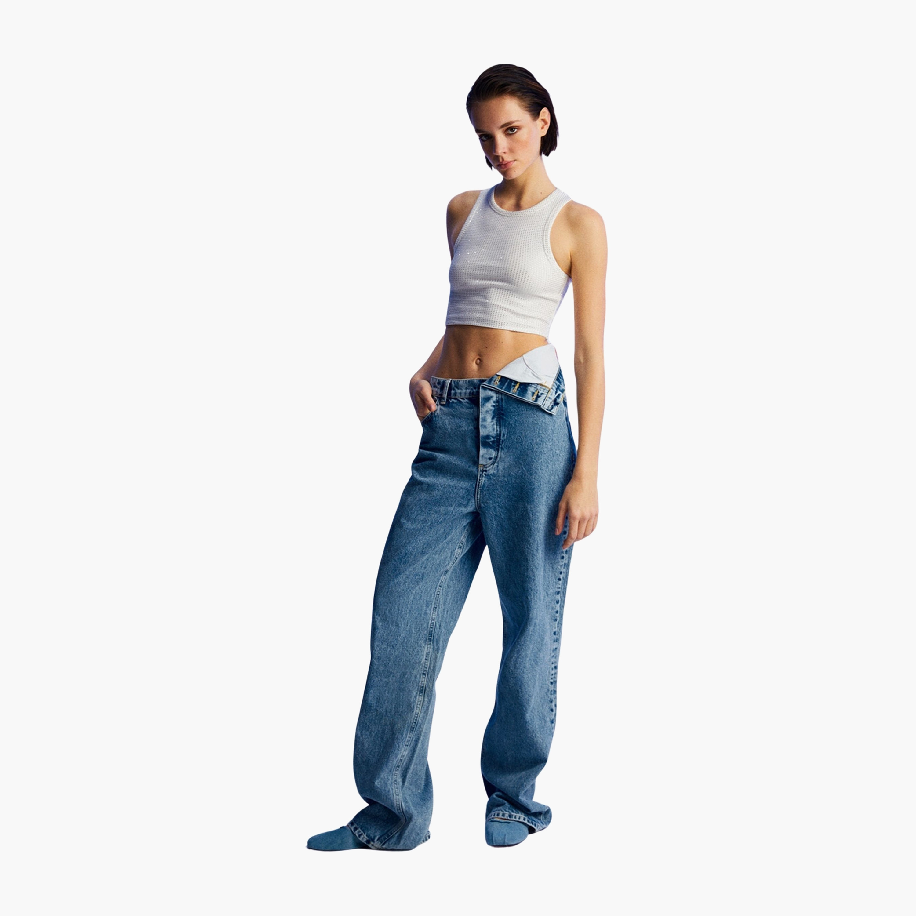 بنطلون جينز نسائي واسع الساق بوسط مطوي باللون الأزرق من نوكتيرن-women-clothing-bottoms-jeans-image-2