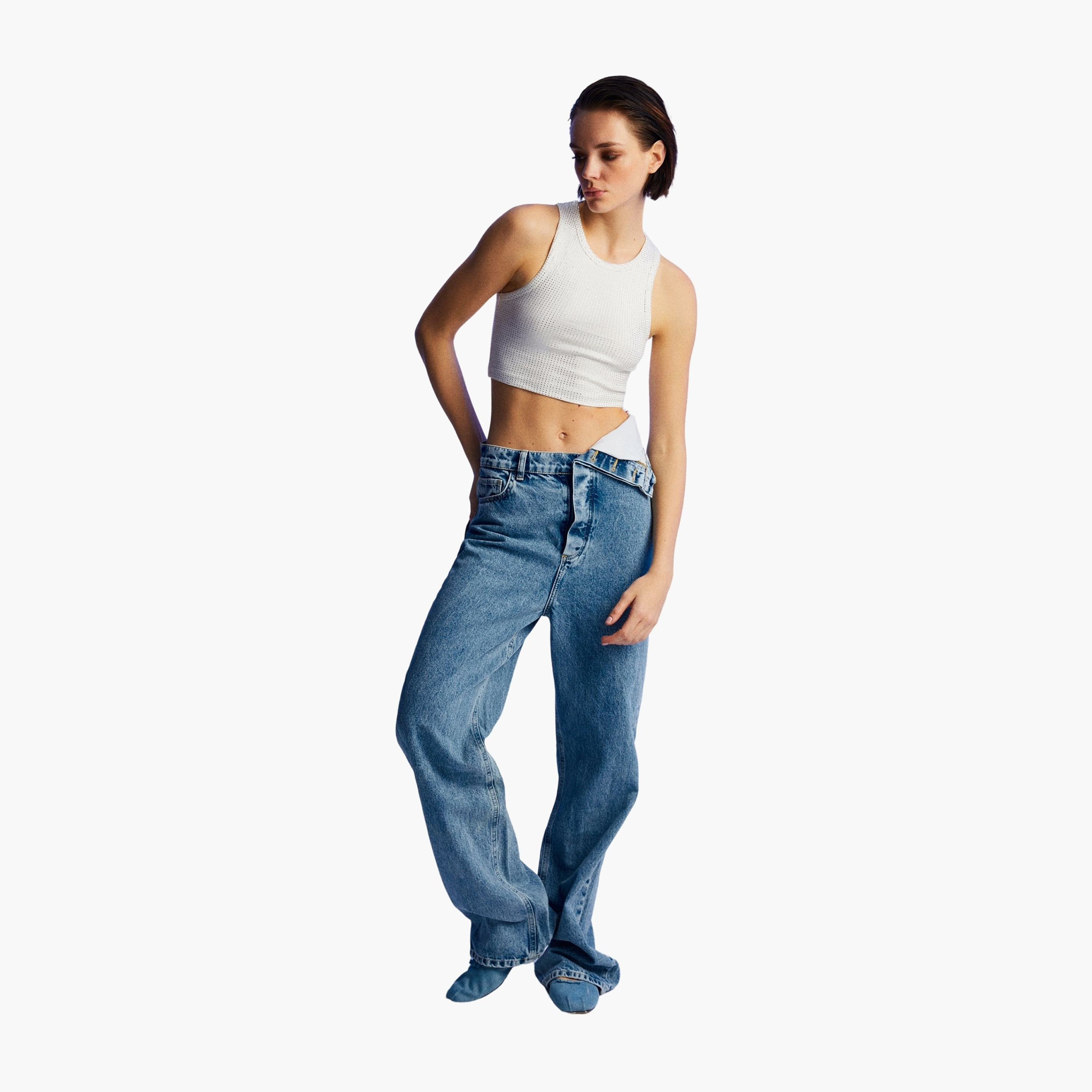 بنطلون جينز نسائي واسع الساق بوسط مطوي باللون الأزرق من نوكتيرن-women-clothing-bottoms-jeans-image-5