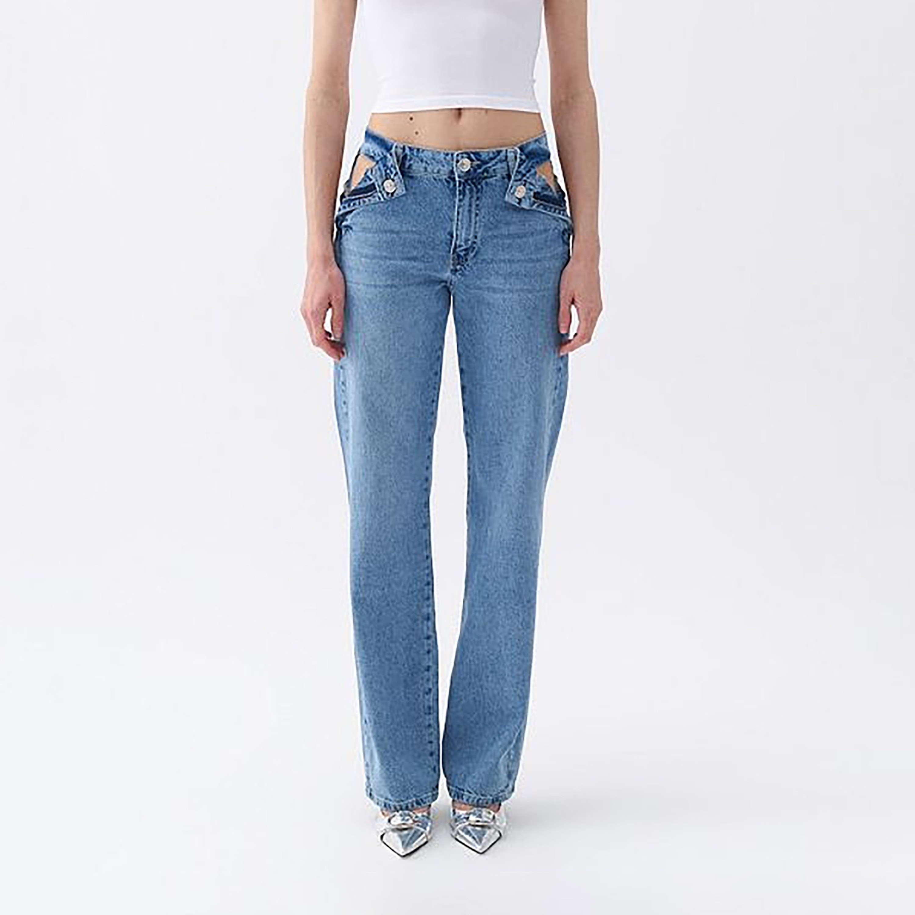 Nocturne Blue Wide Leg Women's Windowed Jeans-women-clothing-bottoms-jeans-image-1