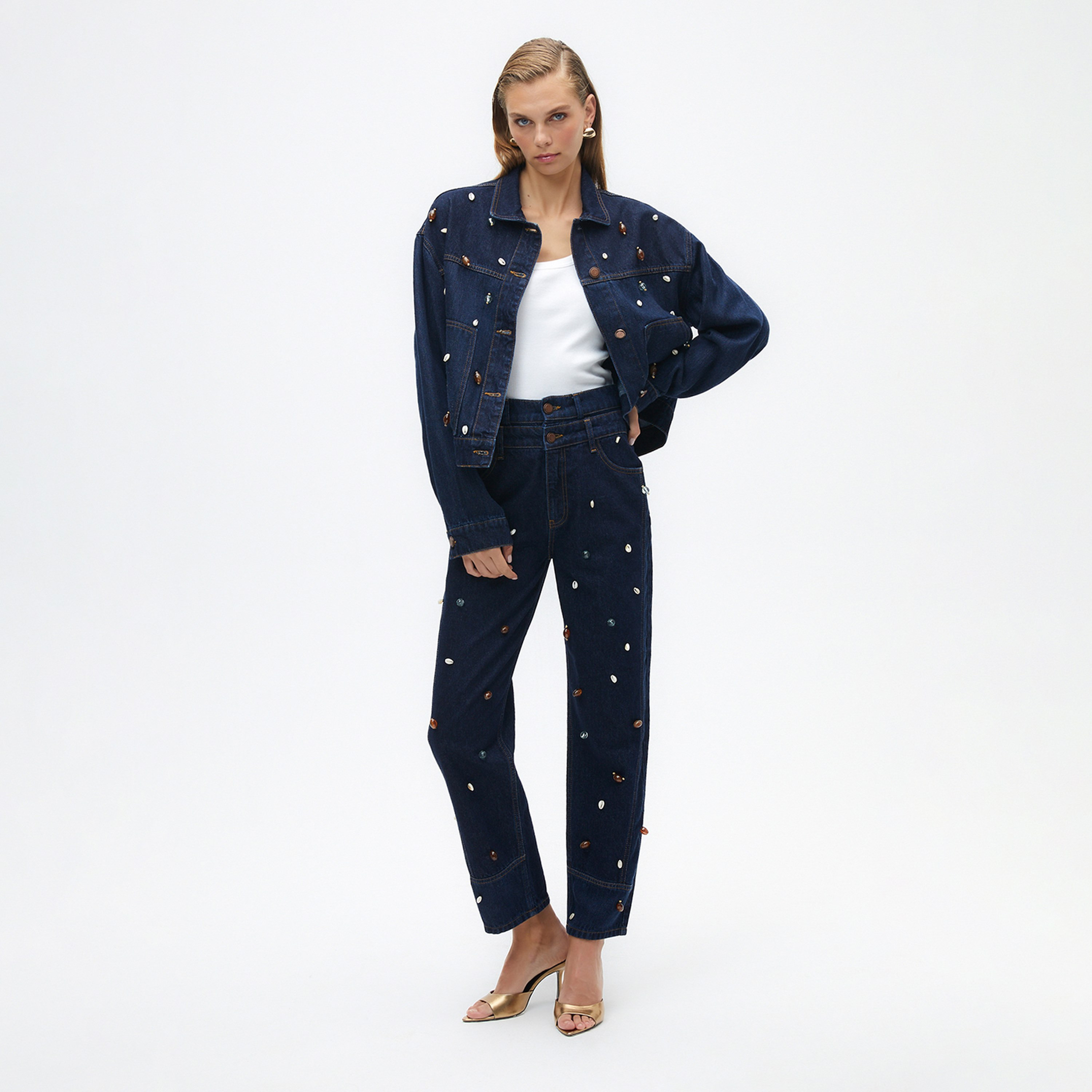 Nocturne Seashell Spread Collar Blue Women's Garnished Denim Jacket-women-winterwear-coatsandjackets-jackets-image-2