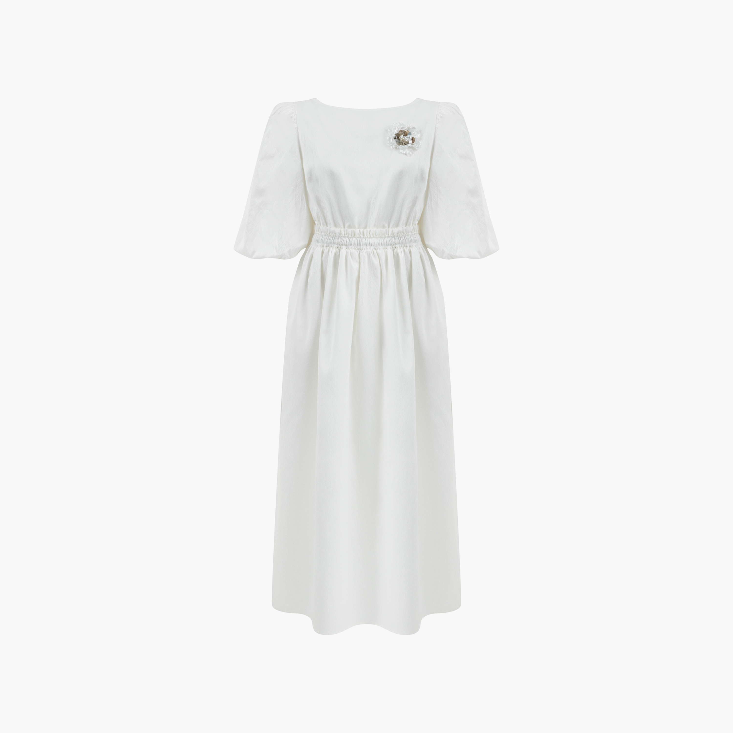 فستان متوسط الطول بأكمام منفوخة ورقبة قارب للنساء باللون الأبيض من نوكتيرن-women-clothing-dresses-image-3