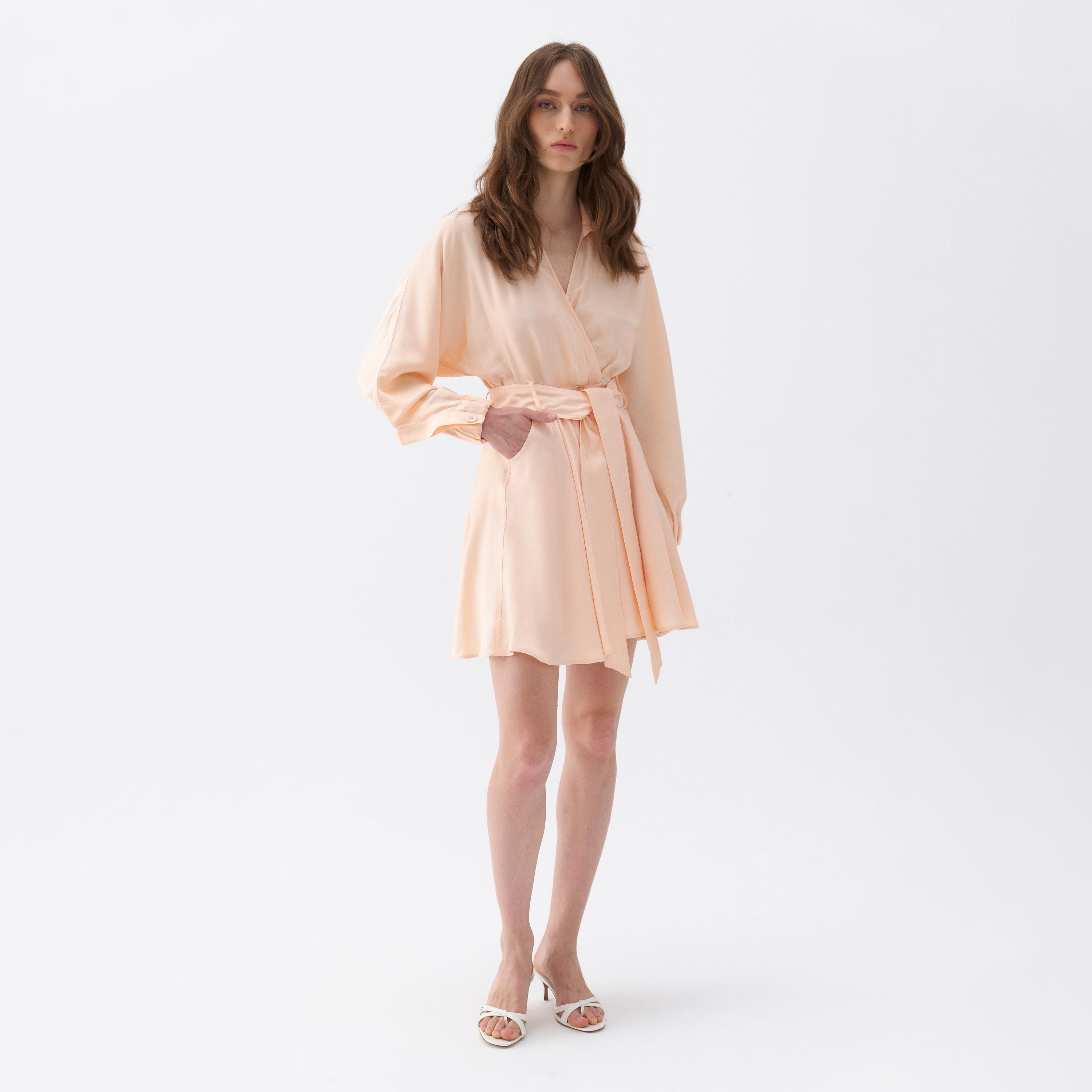 Nocturne Cuffed Sleeves Wrap Peach Women's Mini Dress-women-clothing-dresses-image-1
