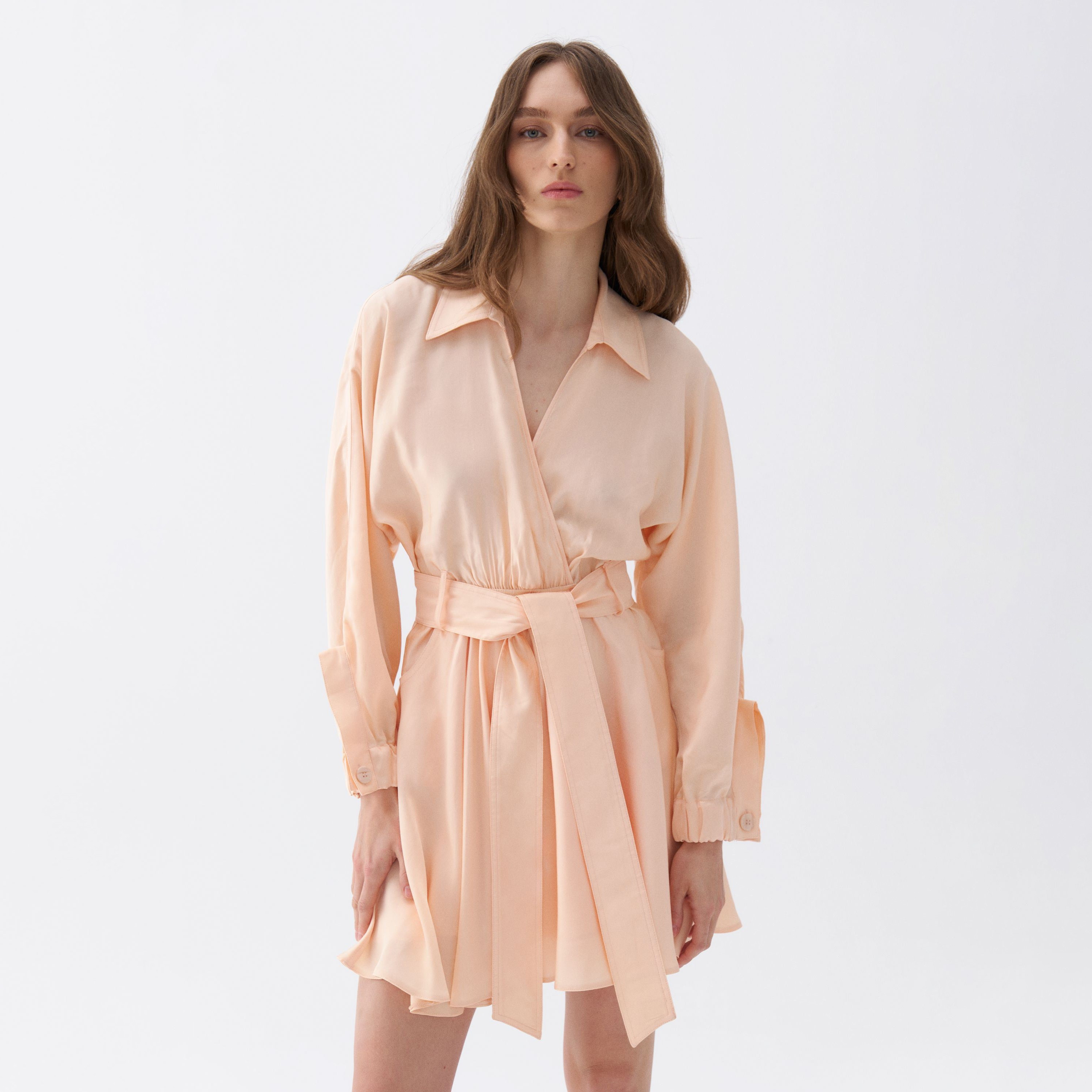 فستان نسائي قصير باللون الخوخي بأكمام مطوية من نوكتيرن-women-clothing-dresses-image-3