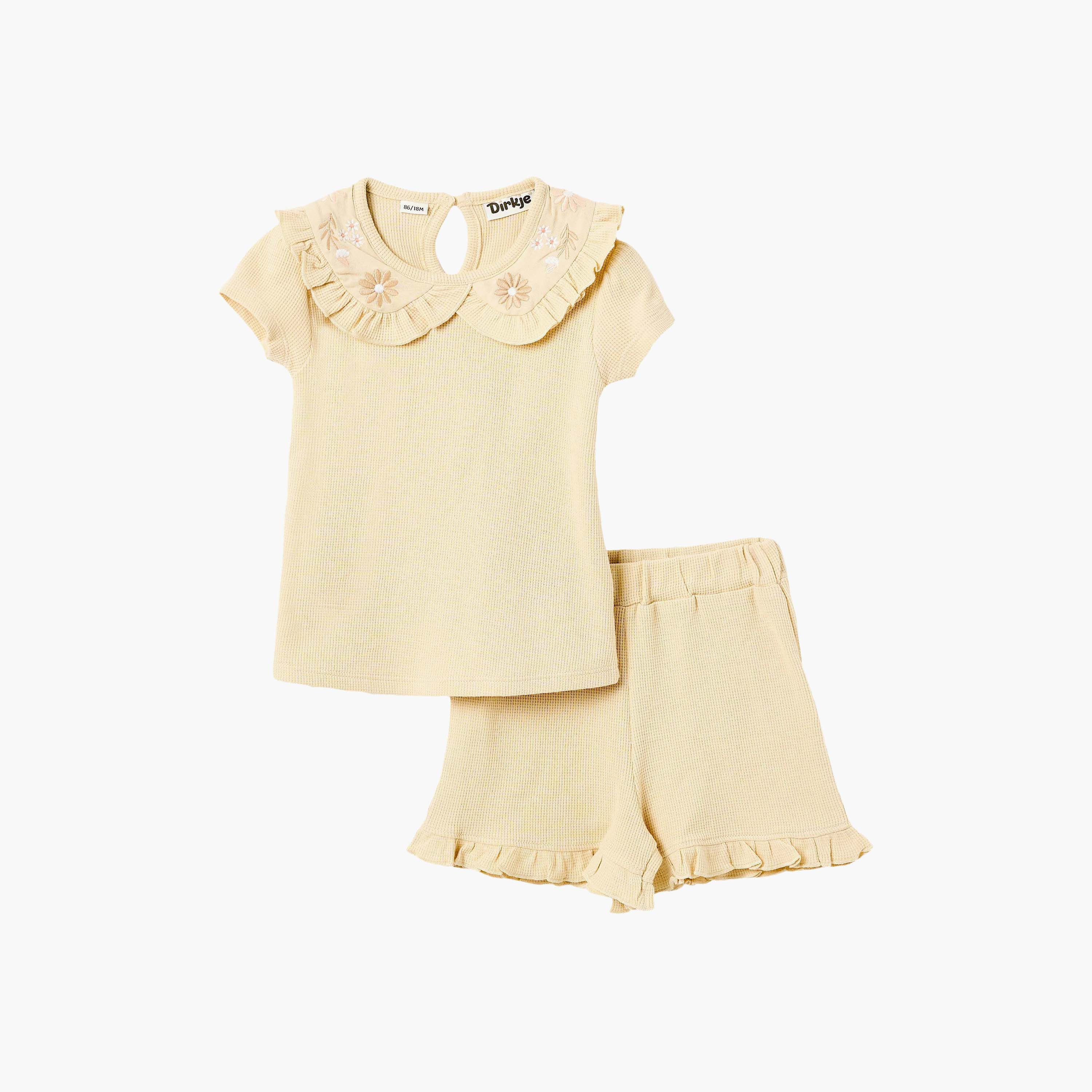 طقم بلوزة "أشعة الشمس" بياقة كشكشة وشورت قماش وافل من ديركجي-girls-clothing-setsandcoords-image-2