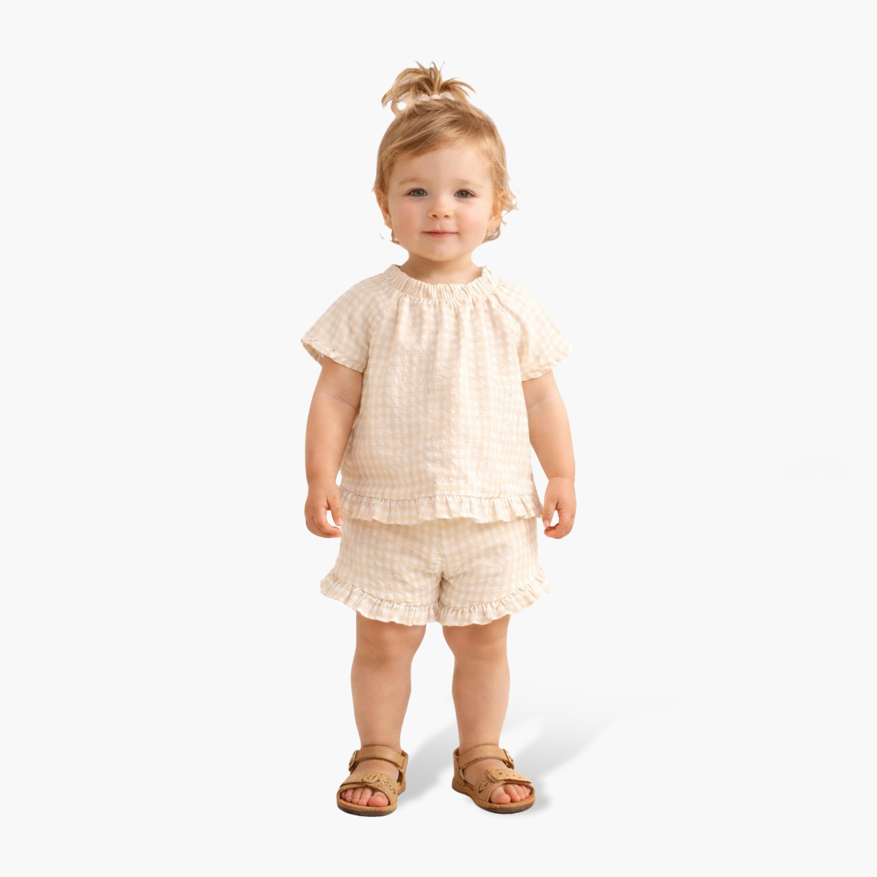 طقم بلوزة محبوك بتصميم "وافل" وتفاصيل كشكشة مع شورت من ديركجي-girls-clothing-setsandcoords-image-1
