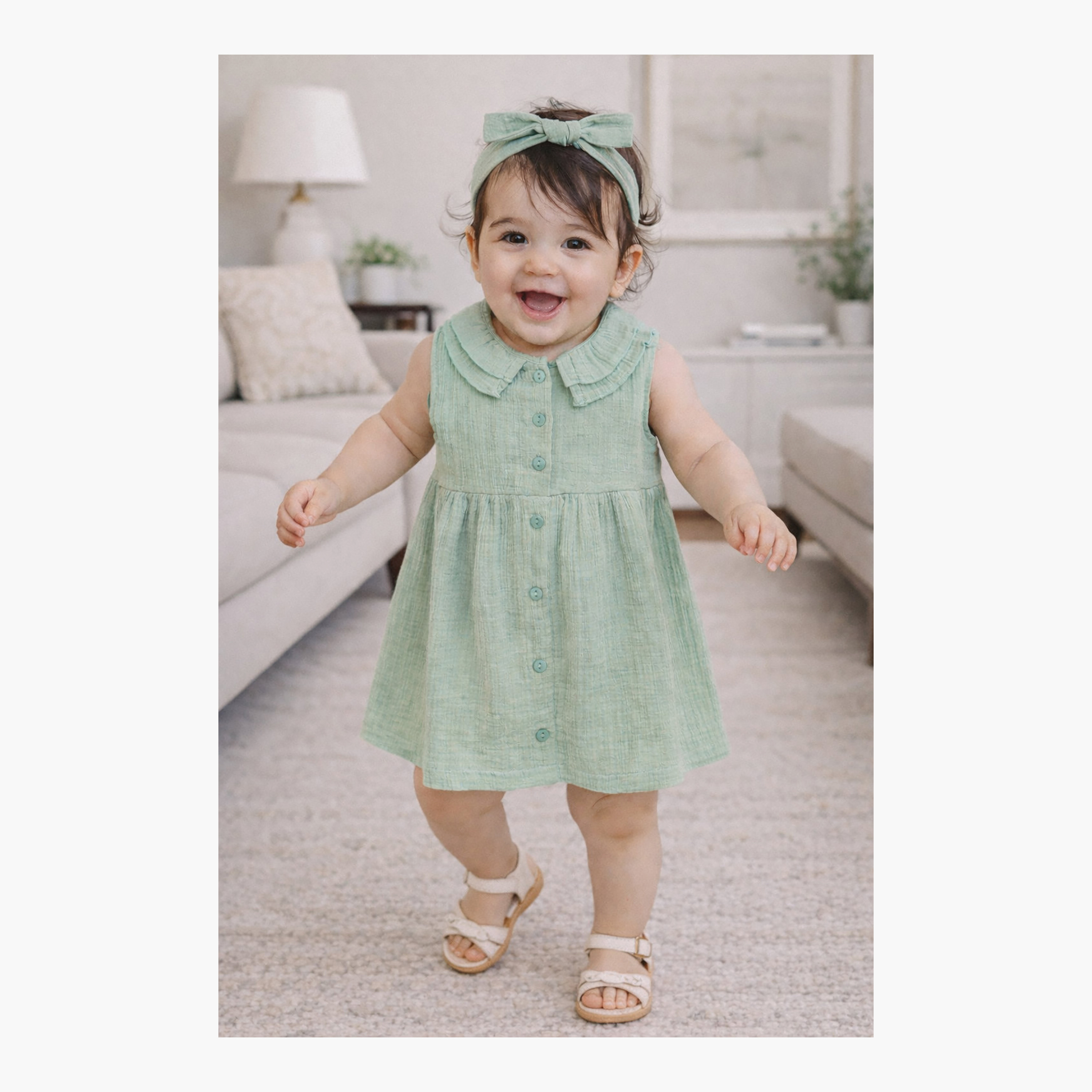 Dirkje Mint Muslin Frill-Collar Dress & matching Headband Set-girls-clothing-dressesandjumpsuits-image-4