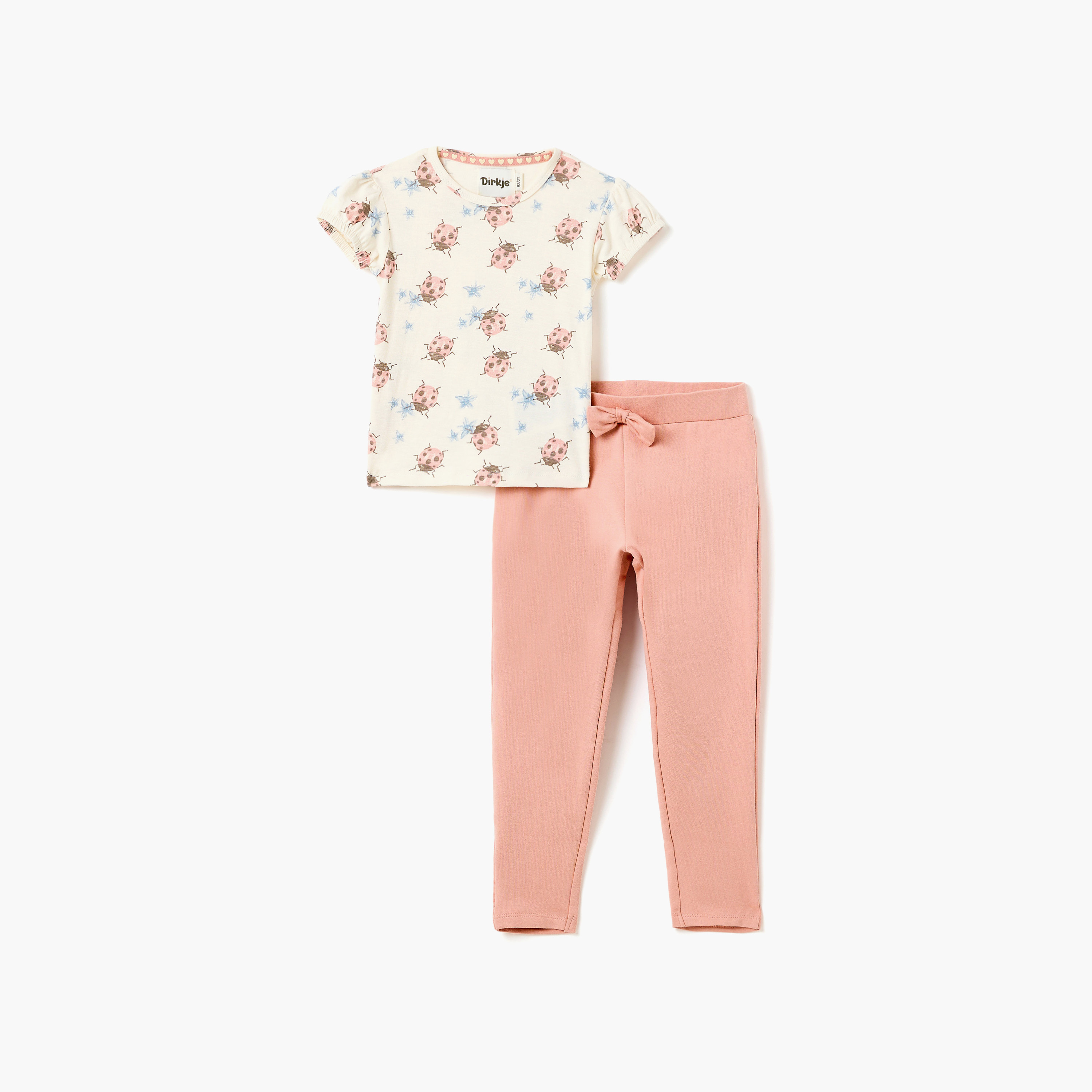 طقم تي شيرت "الدعسوقة" بأكمام رفرفة وليجنز بخصر مزين بفيونكة من ديركجي-girls-clothing-setsandcoords-image-1