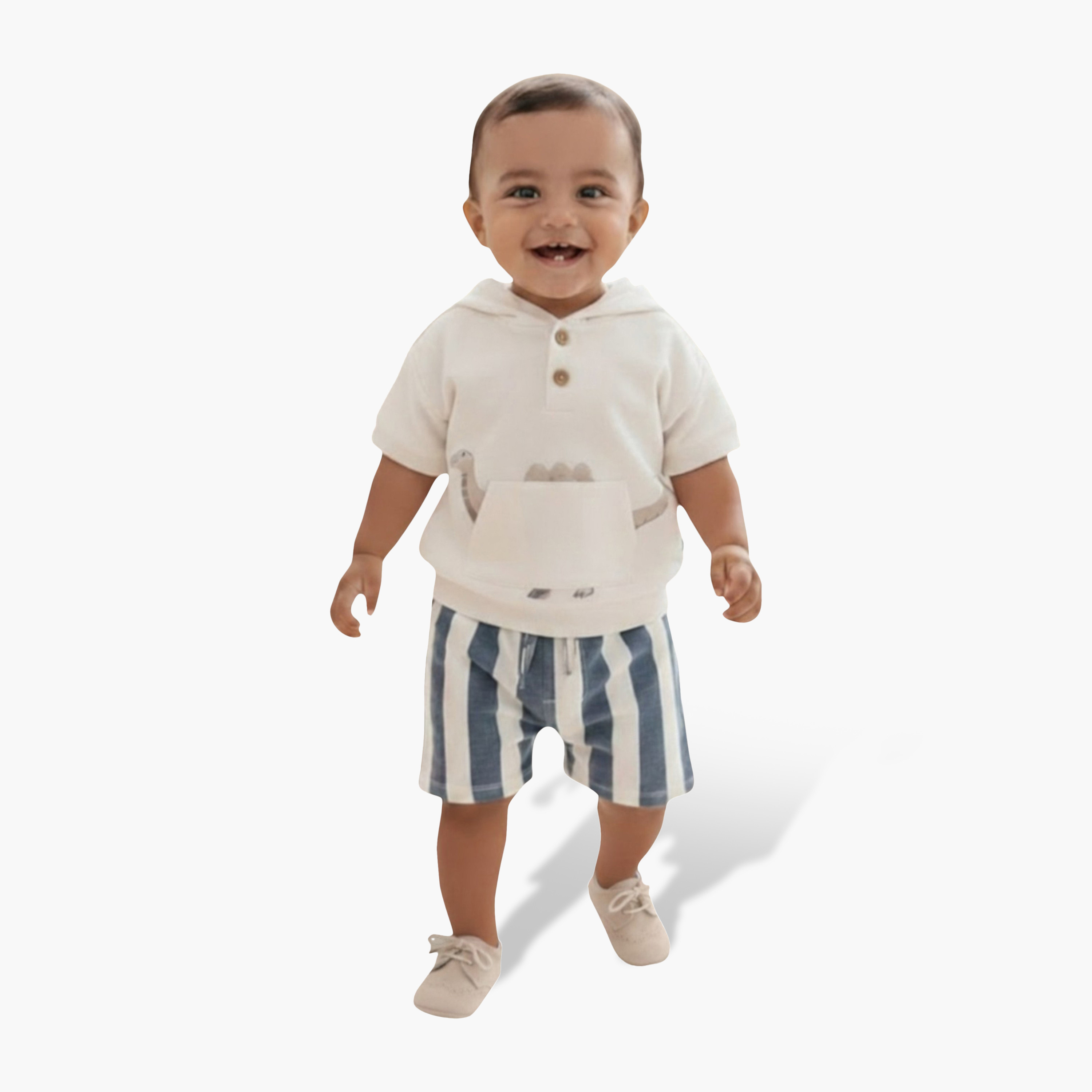 Victor and Jane Half Sleeves Cozy Dino Hooded T-Shirt & Striped Shorts Set-baby-boys-clothing-setsandcoords-image-1