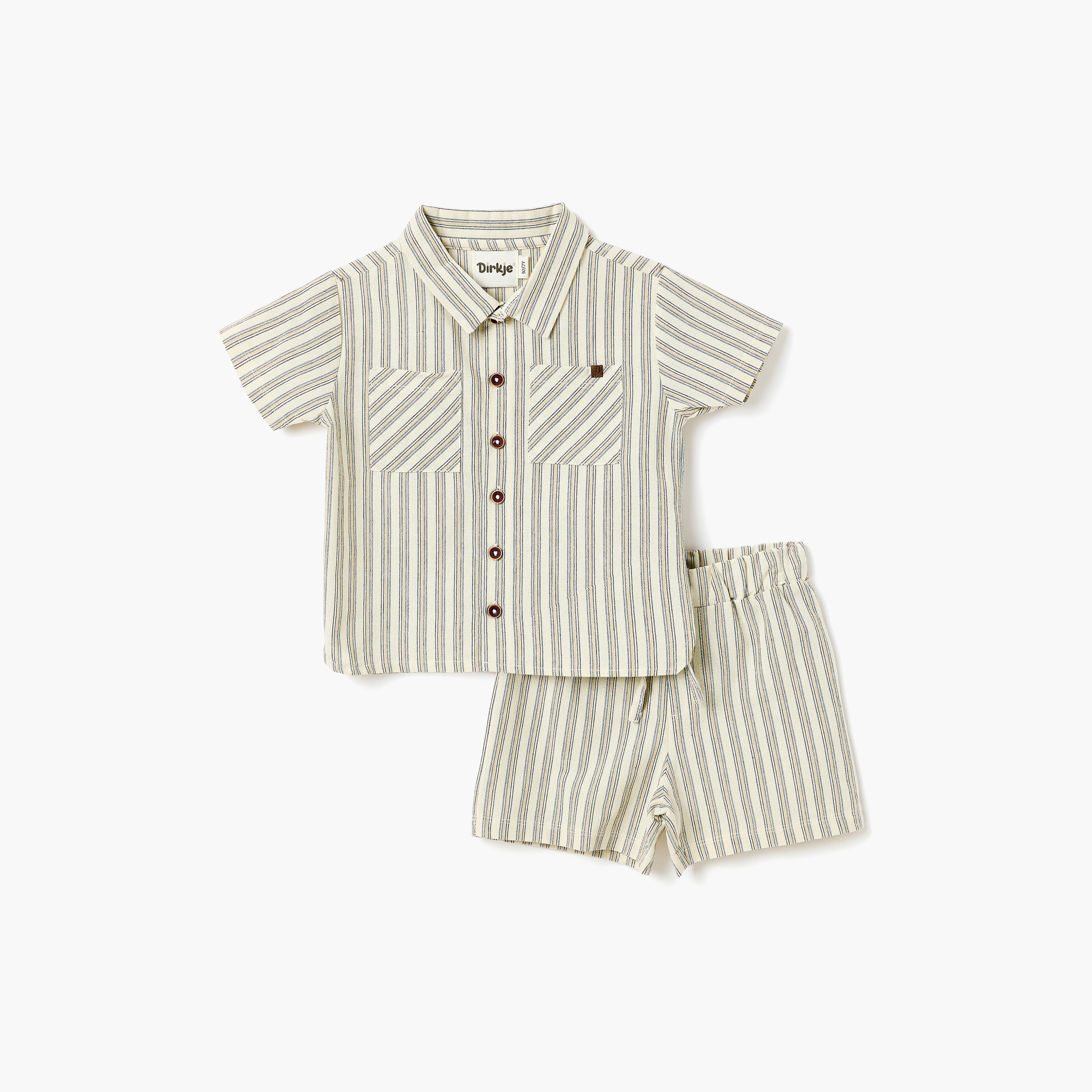 طقم قميص مخطط بياقة وأزرار أمامية مع شورت برباط خصر من ديركجي-boys-clothing-setsandcoords-image-1