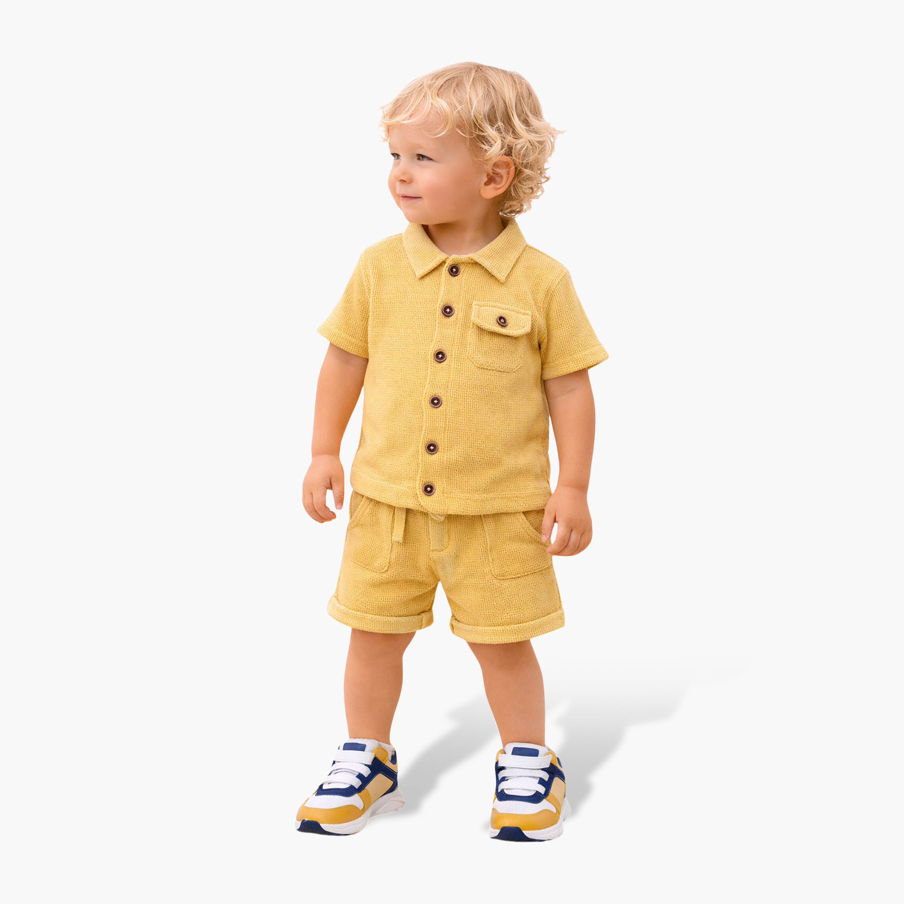 طقم قميص بياقة قماش وافل وشورت بحواف ملفوفة من ديركجي-boys-clothing-setsandcoords-image-1