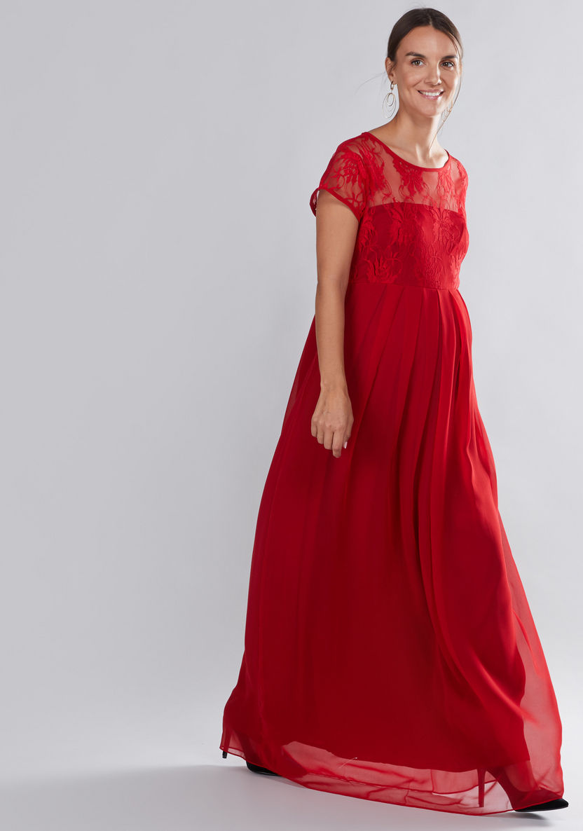 House of Napius Maternity Lace Detail Maxi Dress with Round Neck-Dresses-image-2