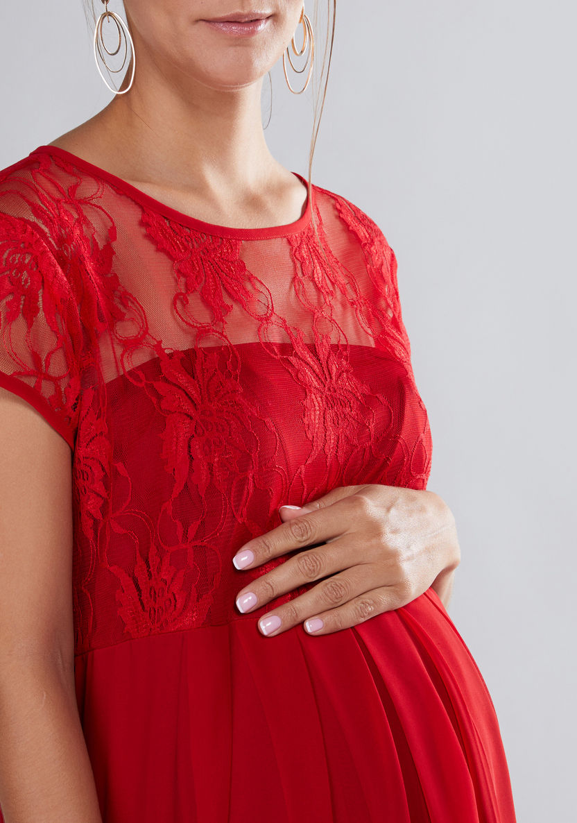 House of Napius Maternity Lace Detail Maxi Dress with Round Neck-Dresses-image-3