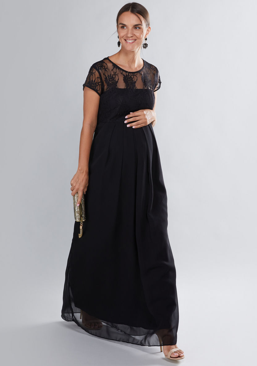 House of Napius Maternity Lace Detail Maxi Dress with Cap Sleeves-Dresses-image-0