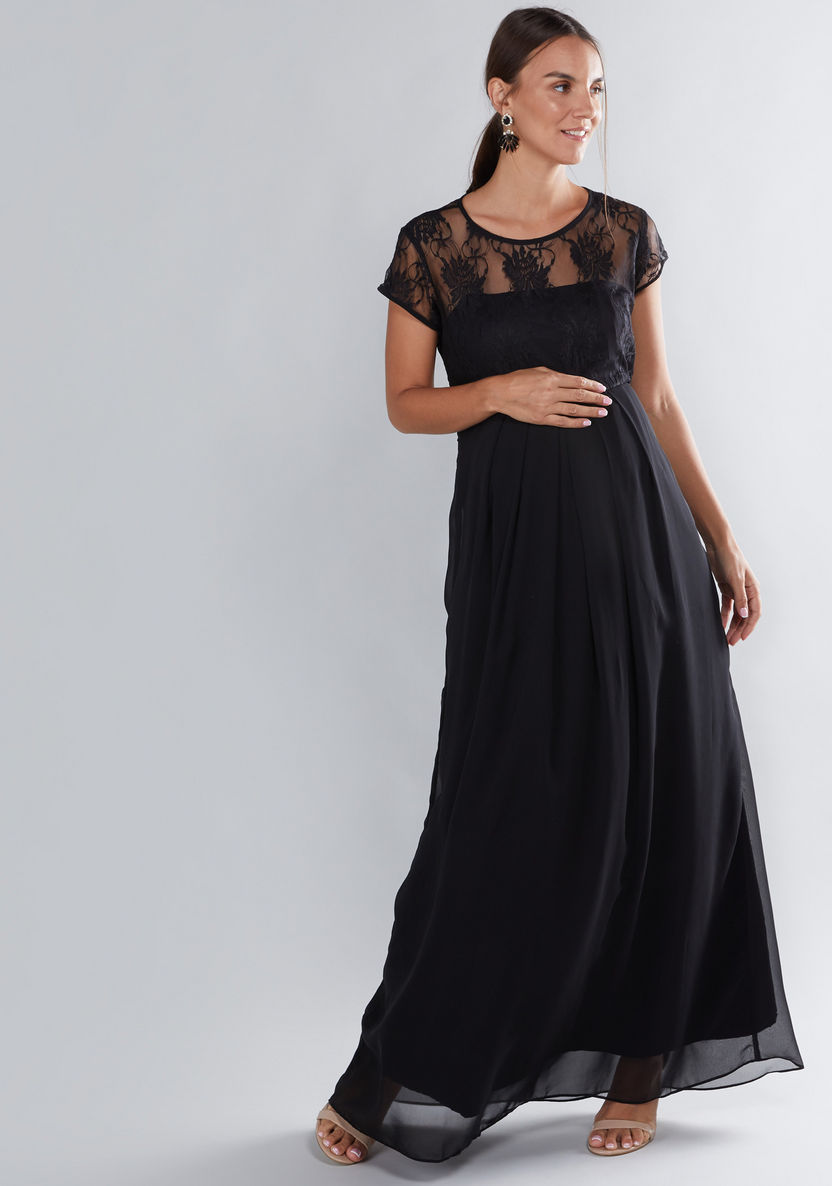 House of Napius Maternity Lace Detail Maxi Dress with Cap Sleeves-Dresses-image-2
