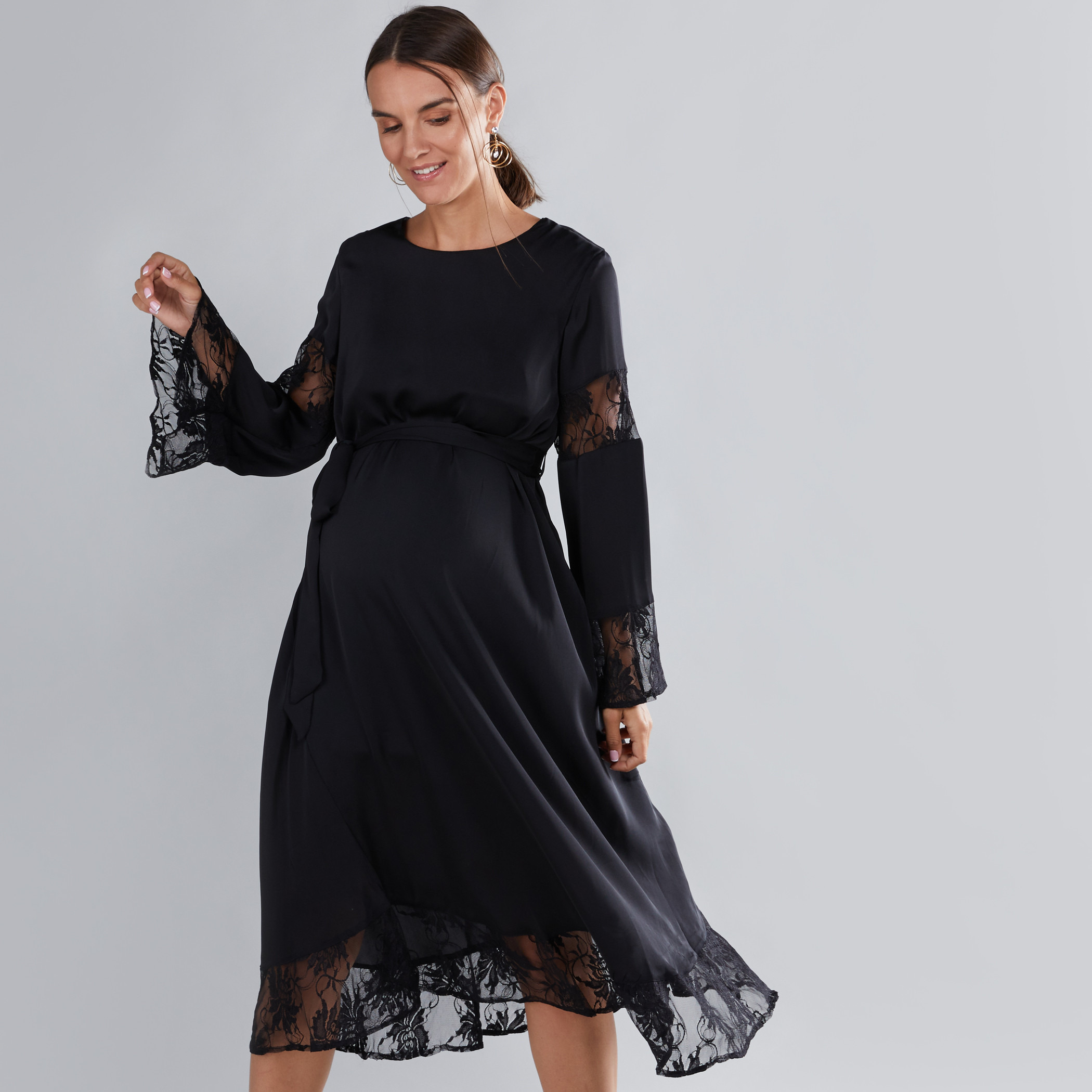 House of Napius Maternity Lace Detail Midi Dress with Round Neck-others-image-3