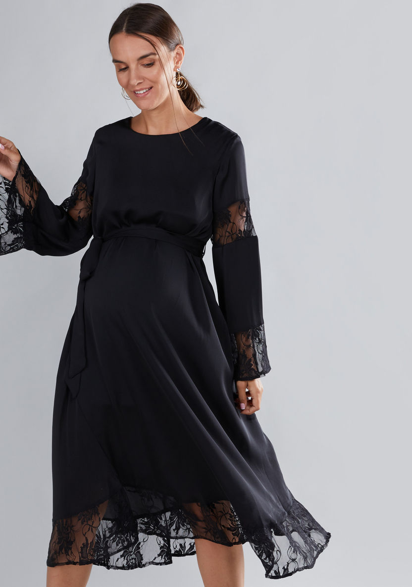House of Napius Maternity Lace Detail Midi Dress with Round Neck-Twinning-image-2