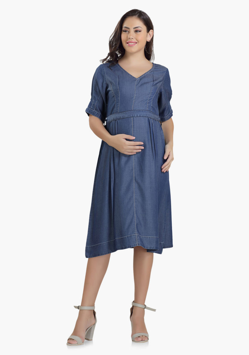 House of Napius Maternity Midi Denim Dress-Dresses-image-0