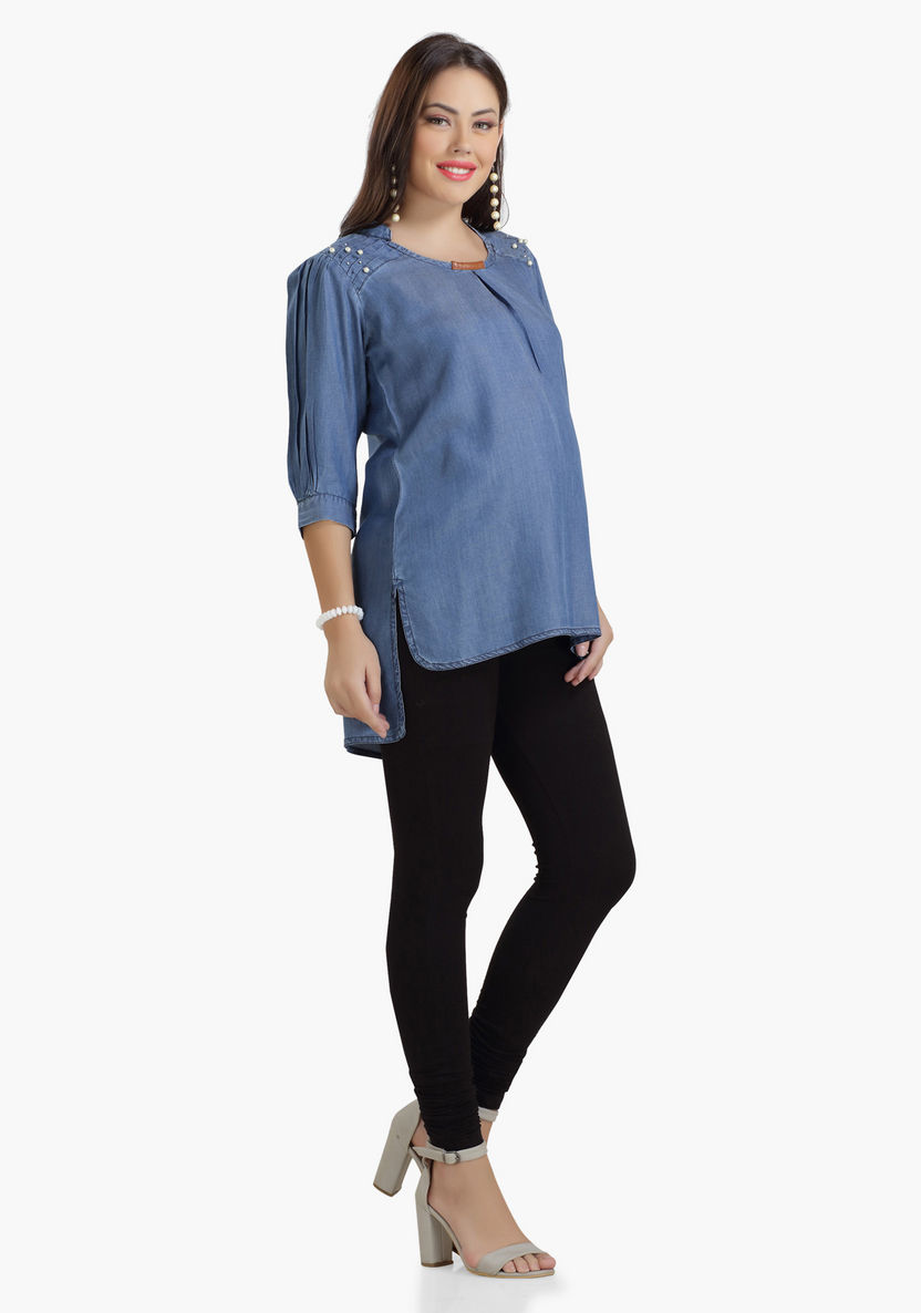 House of Napius Maternity Denim Tunic with Pearl Detail-Tops-image-2