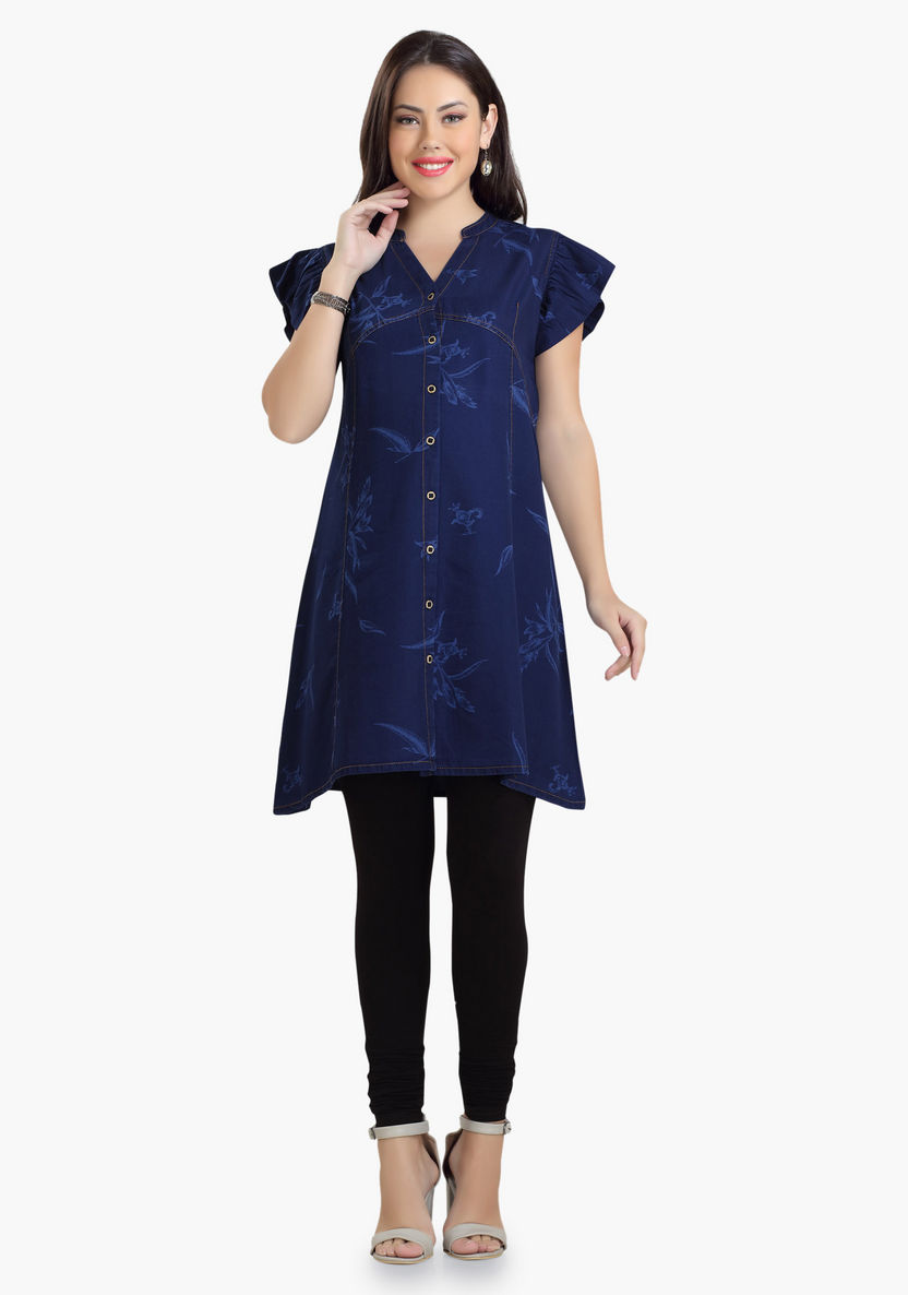 House of Napius Maternity Printed Denim Tunic with Butterfly Sleeves-Dresses-image-0