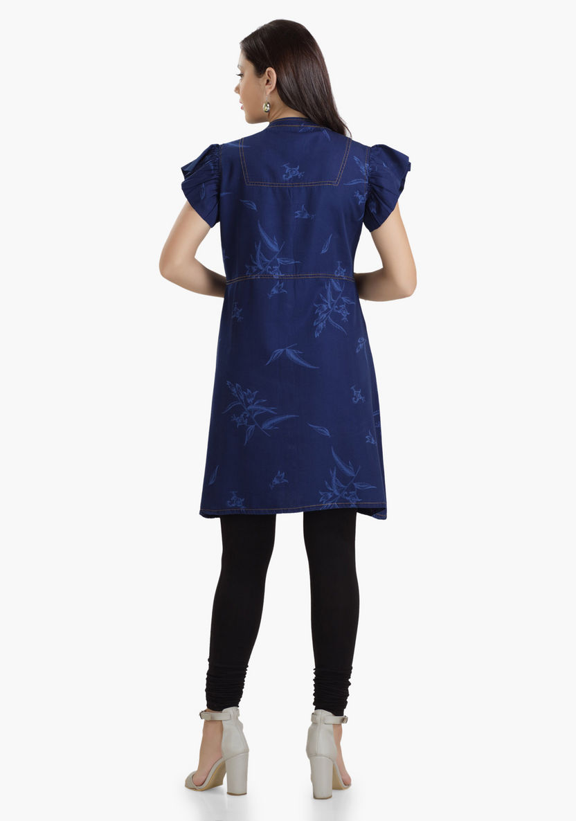 House of Napius Maternity Printed Denim Tunic with Butterfly Sleeves-Dresses-image-1