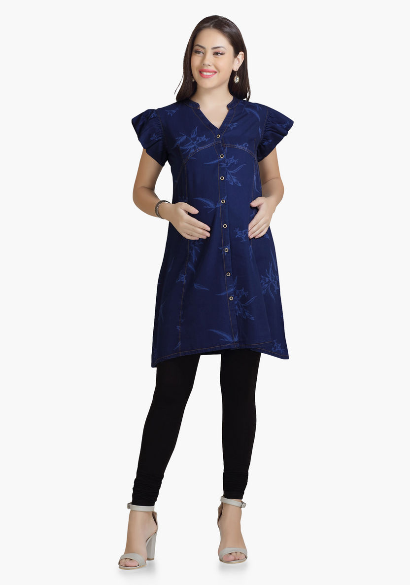 House of Napius Maternity Printed Denim Tunic with Butterfly Sleeves-Dresses-image-2