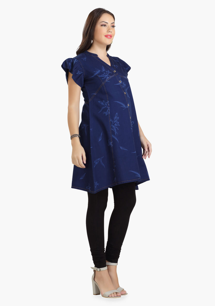 House of Napius Maternity Printed Denim Tunic with Butterfly Sleeves-Dresses-image-3