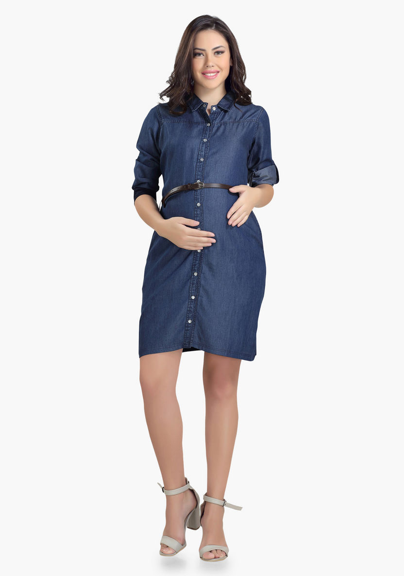 House of Napius Maternity Denim Shirt Dress with Complete Placket-Dresses-image-0