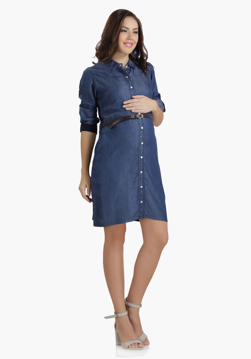 House of Napius Maternity Denim Shirt Dress with Complete Placket-Dresses-image-2
