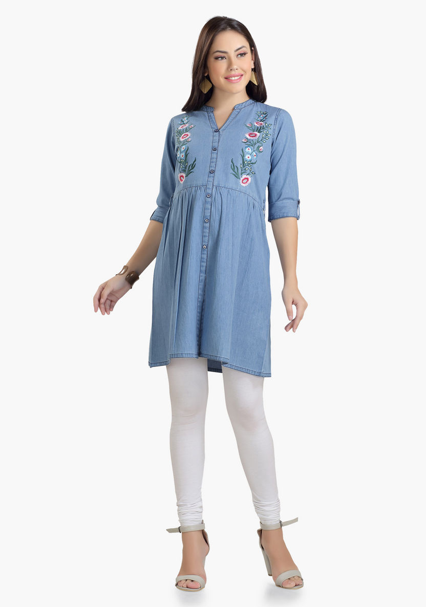 House of Napius Maternity Denim Tunic with Embroidery-Dresses-image-0