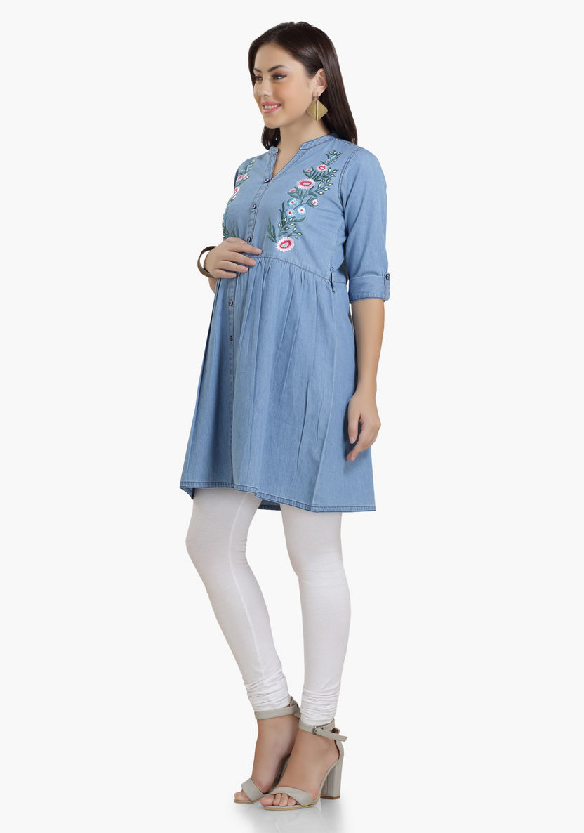 House of Napius Maternity Denim Tunic with Embroidery-Dresses-image-2