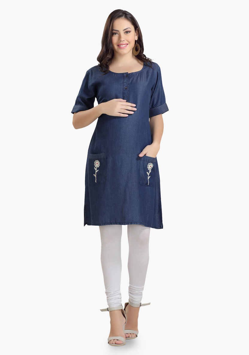 House of Napius Maternity Denim Dress with Embroidered Pockets-Dresses-image-0