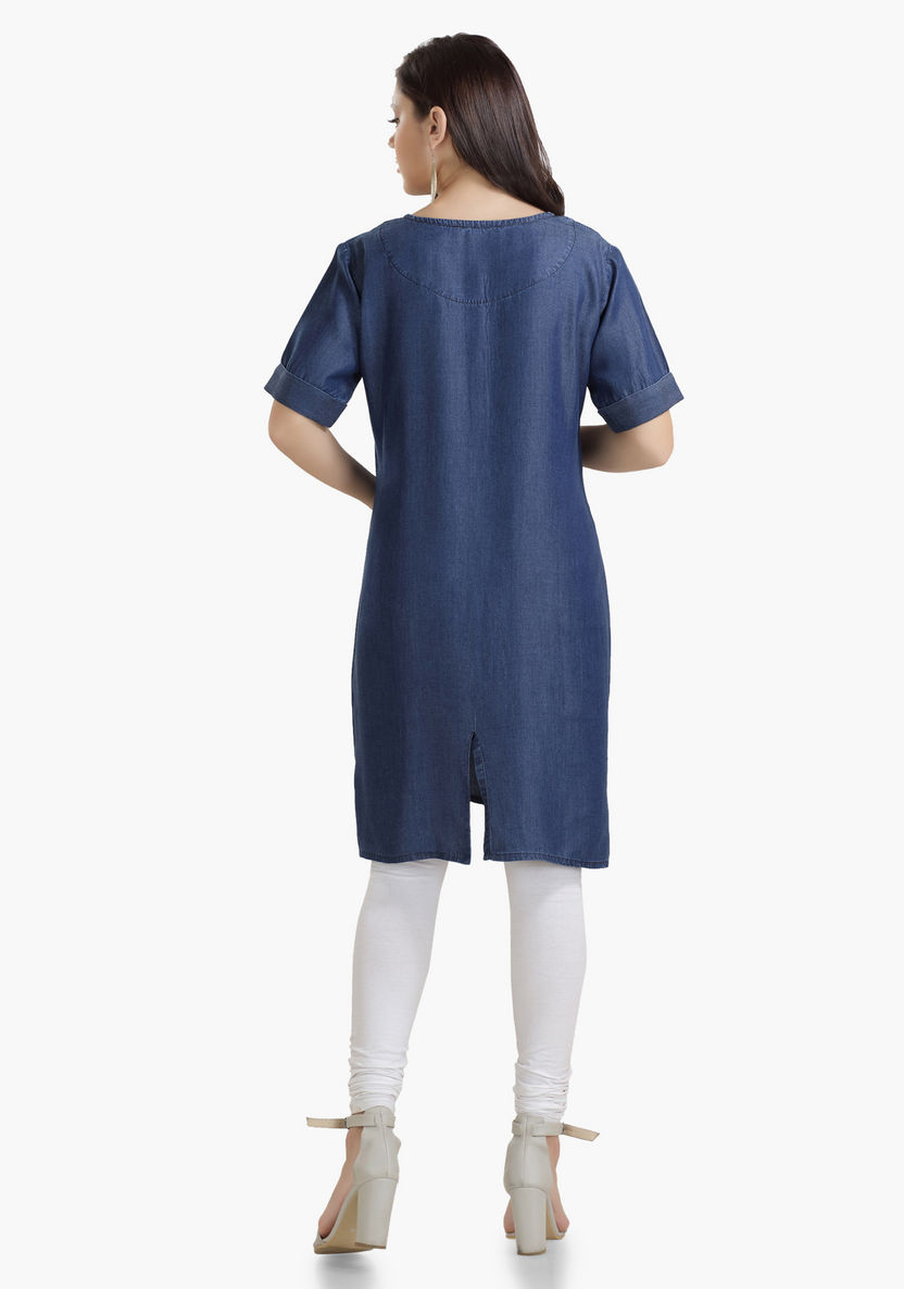 House of Napius Maternity Denim Dress with Embroidered Pockets-Dresses-image-1