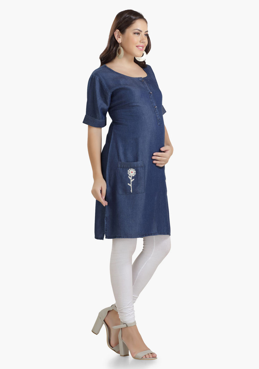 House of Napius Maternity Denim Dress with Embroidered Pockets-Dresses-image-2