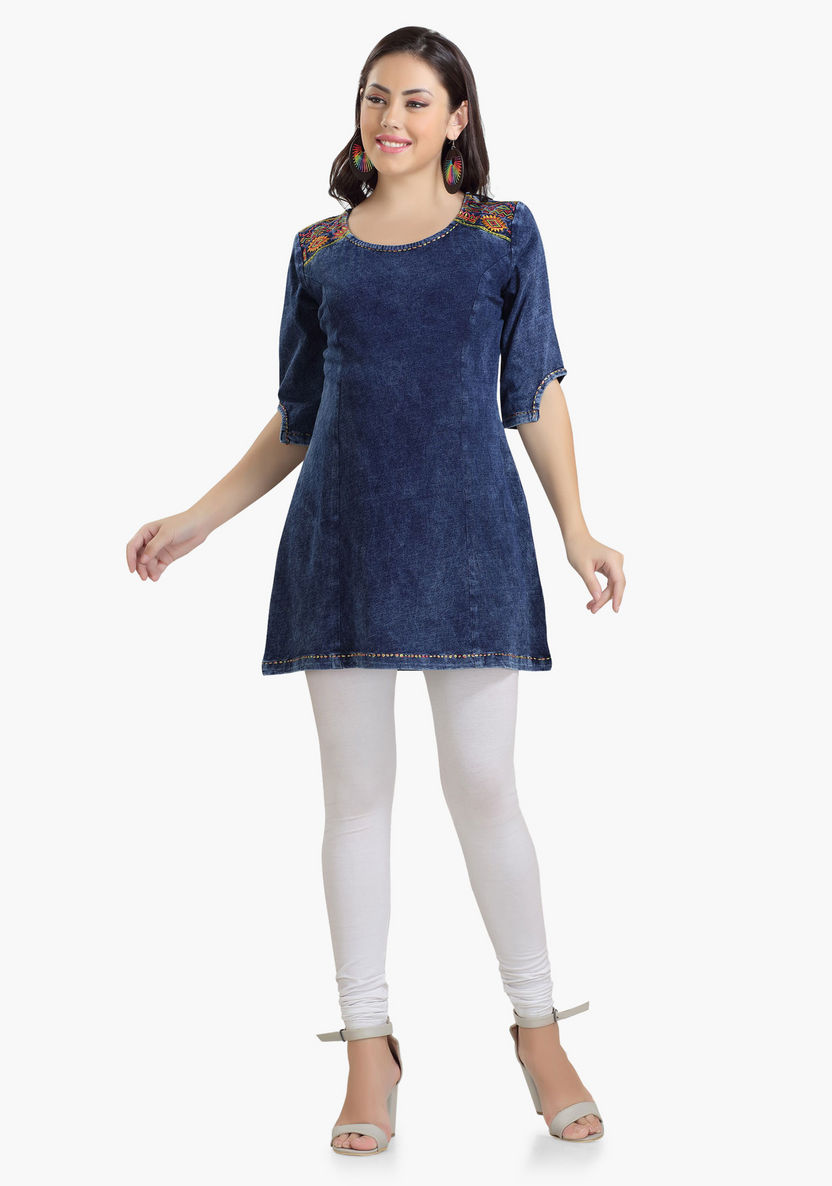 House of Napius Maternity Denim Tunic with Embroidery-Dresses-image-0