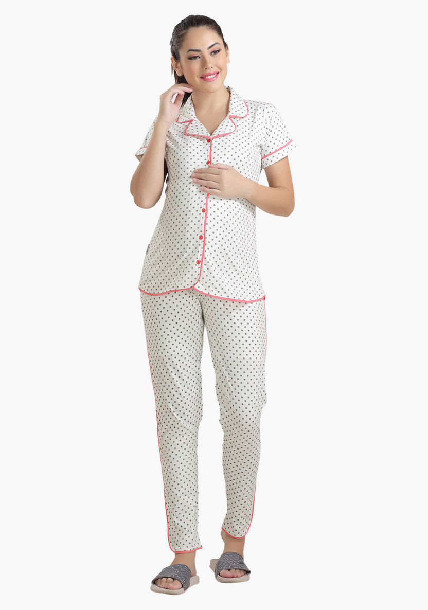 House of Napius Maternity Polka Dot Printed Shirt and Pyjama Set-Nightwear-image-0