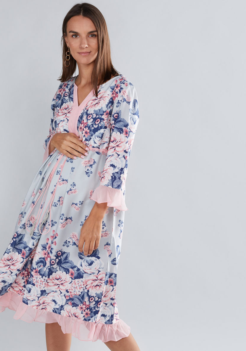 House of Napius Maternity Floral Printed Dress with Tie Ups-Twinning-image-2