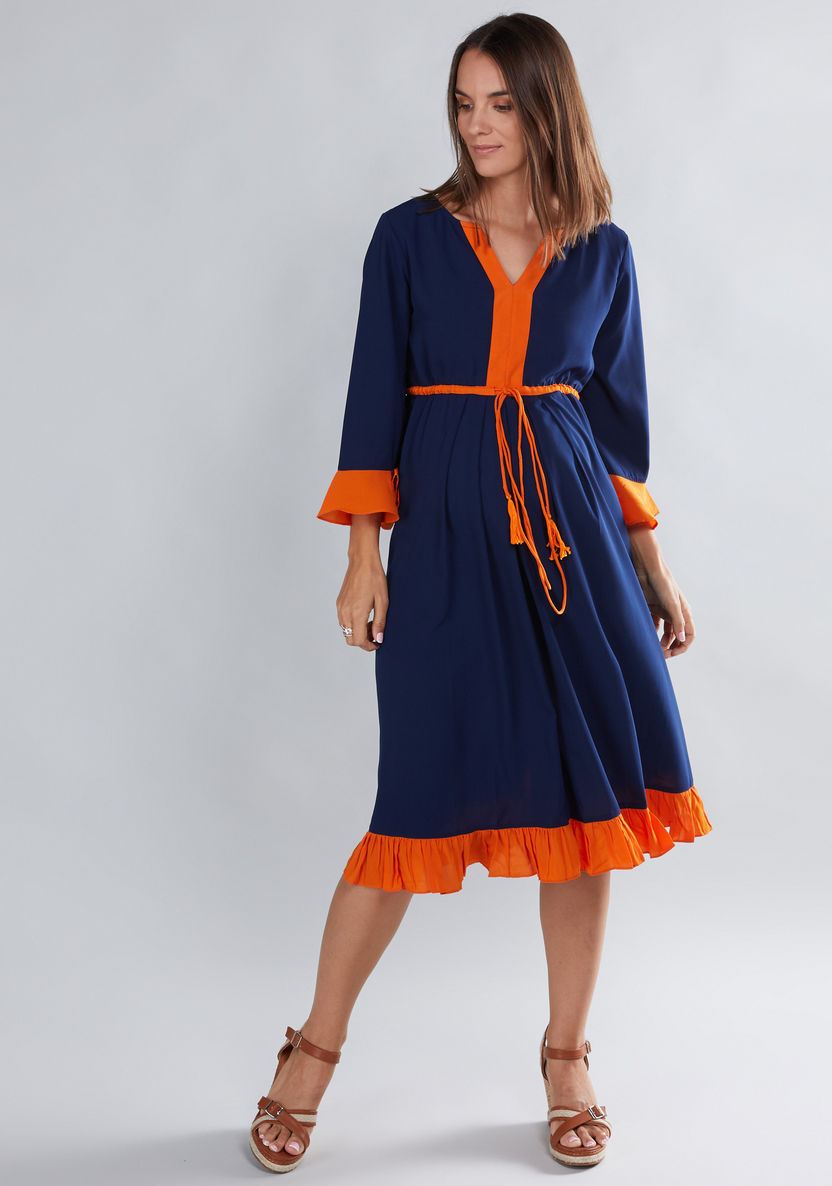 House of Napius Maternity Midi Dress with 3/4 Sleeves and Tie Ups-Dresses-image-0